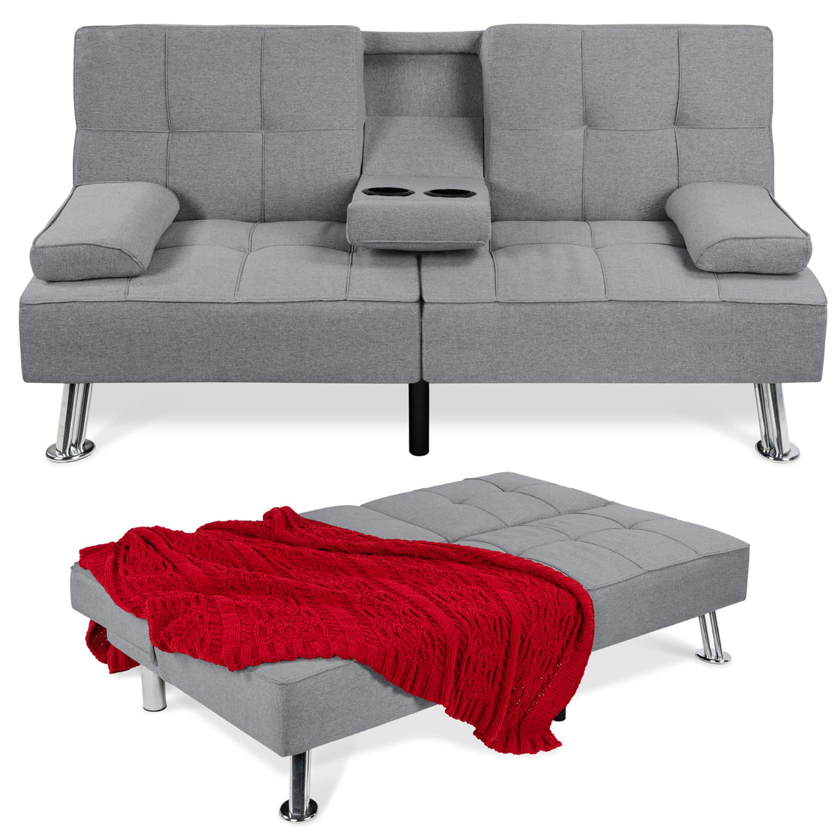 Best Choice Products Linen Modern Folding Futon, Reclining Sofa Bed for Apartment, Dorm w/Removable Armrests, 2 Cupholders - Gra