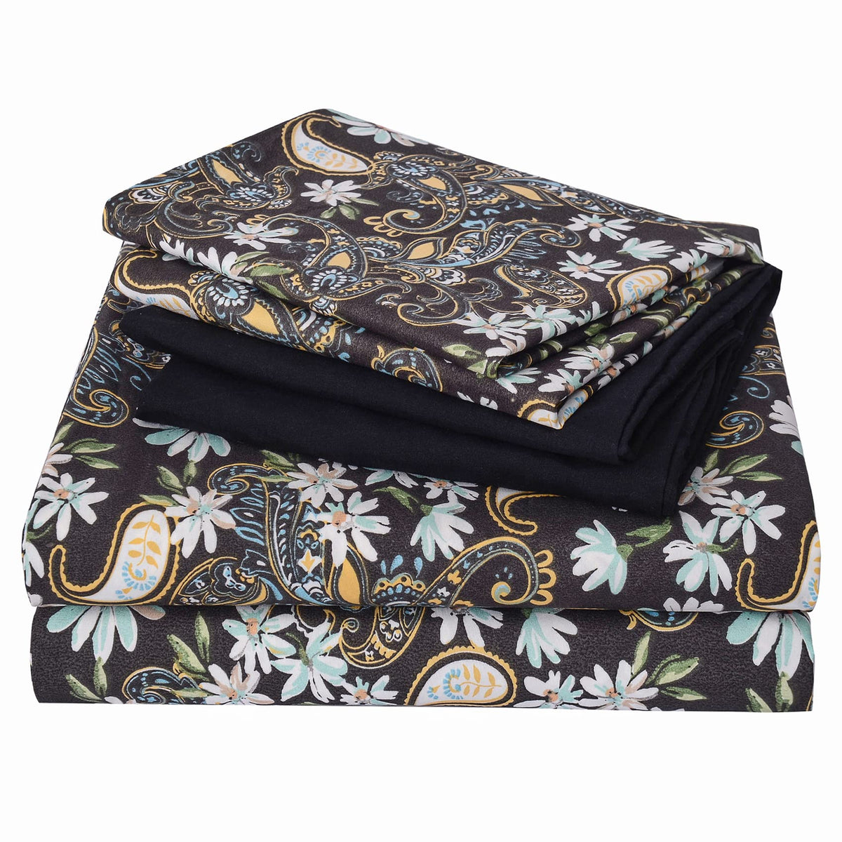 Jsd Black Paisley Floral Printed Sheet Set King Size 6 Piece, Soft Pattern Microfiber Bed Sheets Extra Deep Pocket