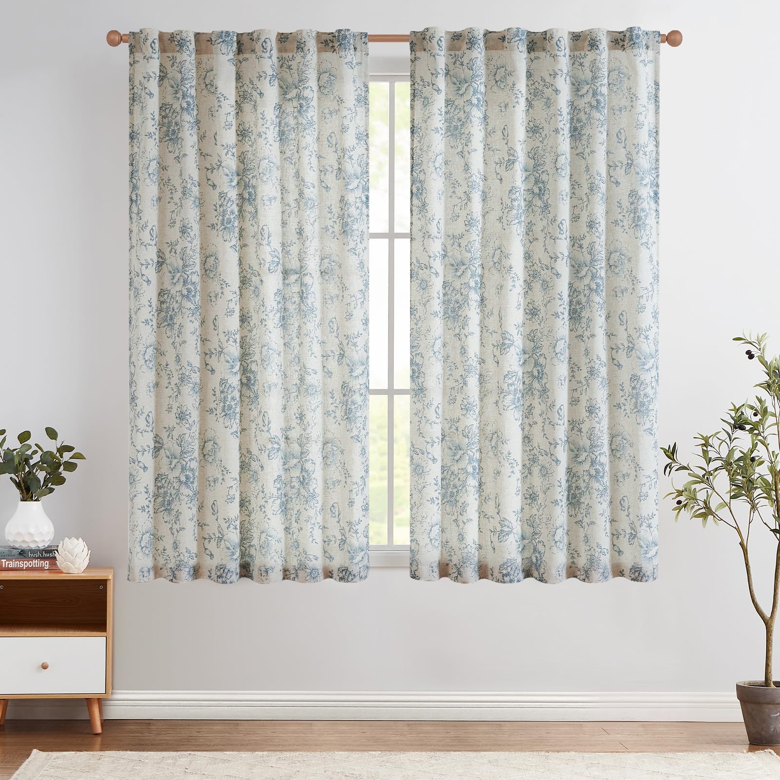 Jinchan Linen Blend Curtains Floral Curtains For Living Room 54 Inch Length Blue Printed Curtains Rod Pocket Back Tab Farmhouse Peony Flower Patterned Drapes Bedroom Window Curtain Set 2 Panels