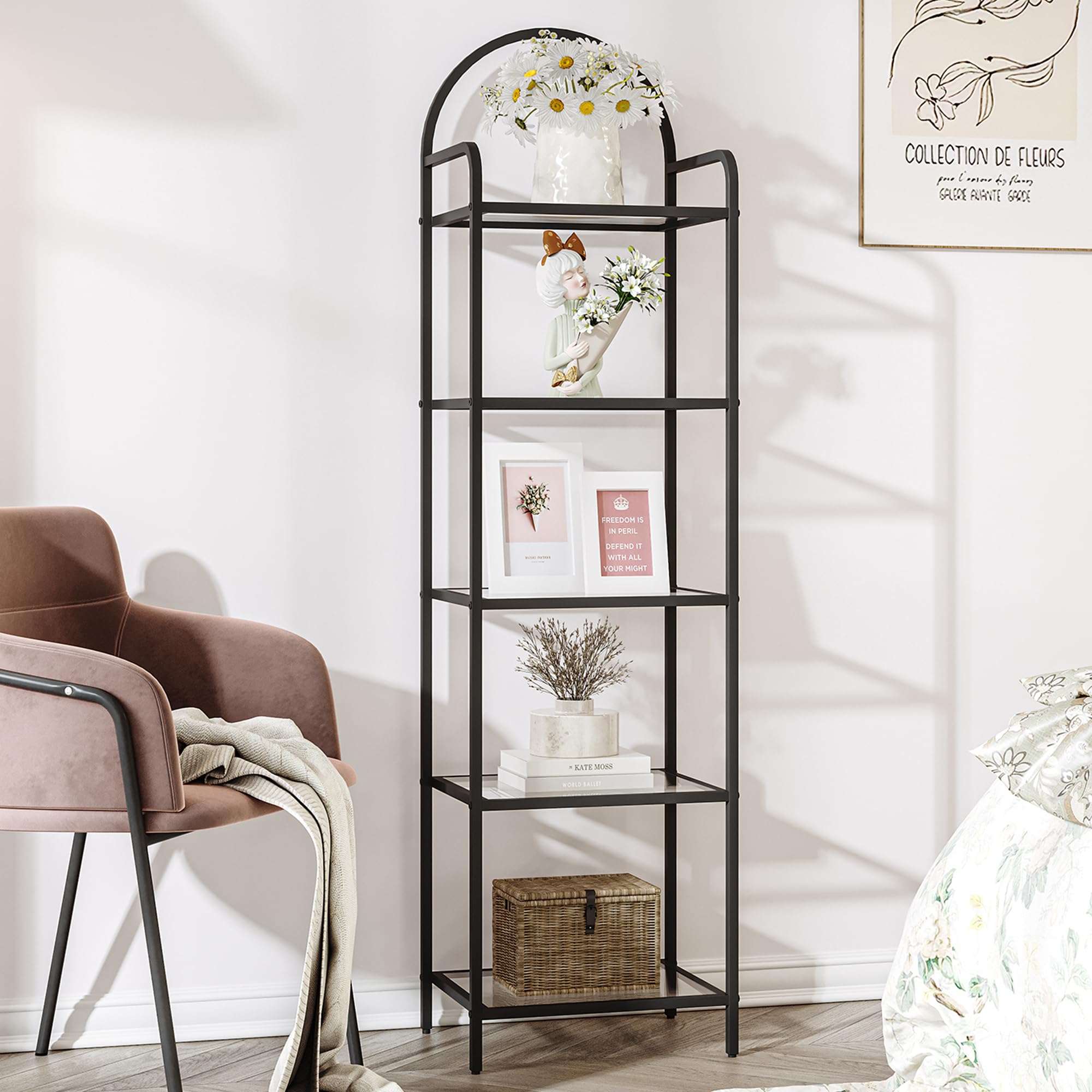 Hzuaneri Bookcase Bookshelf, Tempered Glass Bookshelves, Slim Shelving Unit For Bedroom, Bathroom, Home Office, Steel Frame, 5 Tier Black Bc05001B