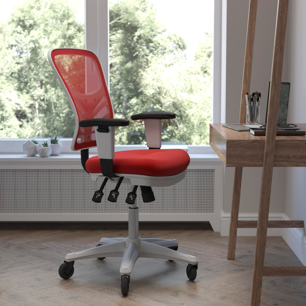 Flash Furniture Nicholas Mid-Back Red Mesh Multifunction Executive Ergonomic Office Chair With Adjustable Arms, Transparent Roller Wheels, And White Frame