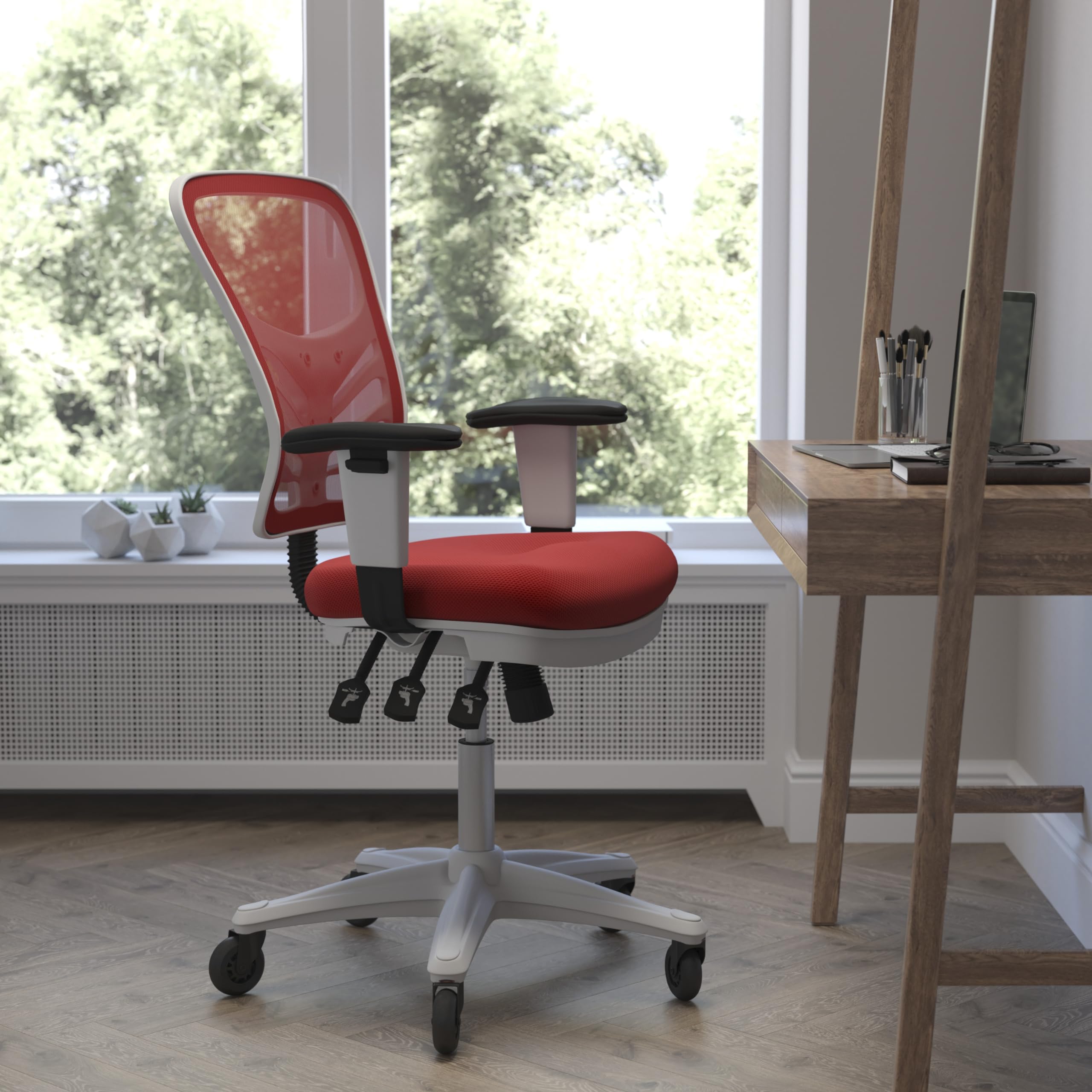 Flash Furniture Nicholas Mid-Back Red Mesh Multifunction Executive Ergonomic Office Chair With Adjustable Arms, Transparent Roller Wheels, And White Frame