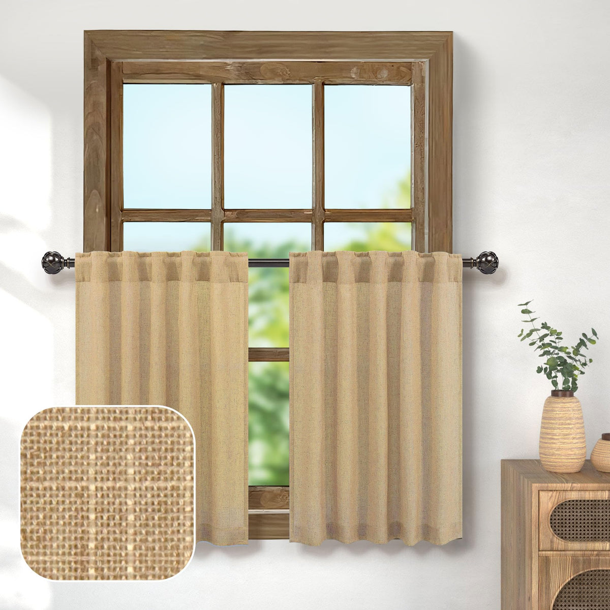 Pitalk Burlap Colored Half Curtains For Windows 36In Long Rustic Primitive Linen Kitchen Tiers 2 Panels Back Tab Semi Privacy Sh