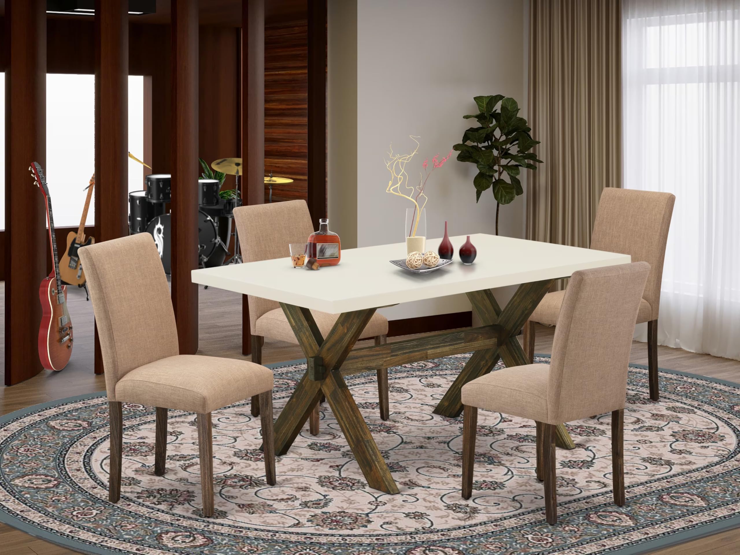East West Furniture X726Ab747-5 5 Piece Modern Dining Table Set Includes A Rectangle Wooden Table With X-Legs And 4 Light Sable Linen Fabric Upholstered Chairs, 36X60 Inch, Multi-Color