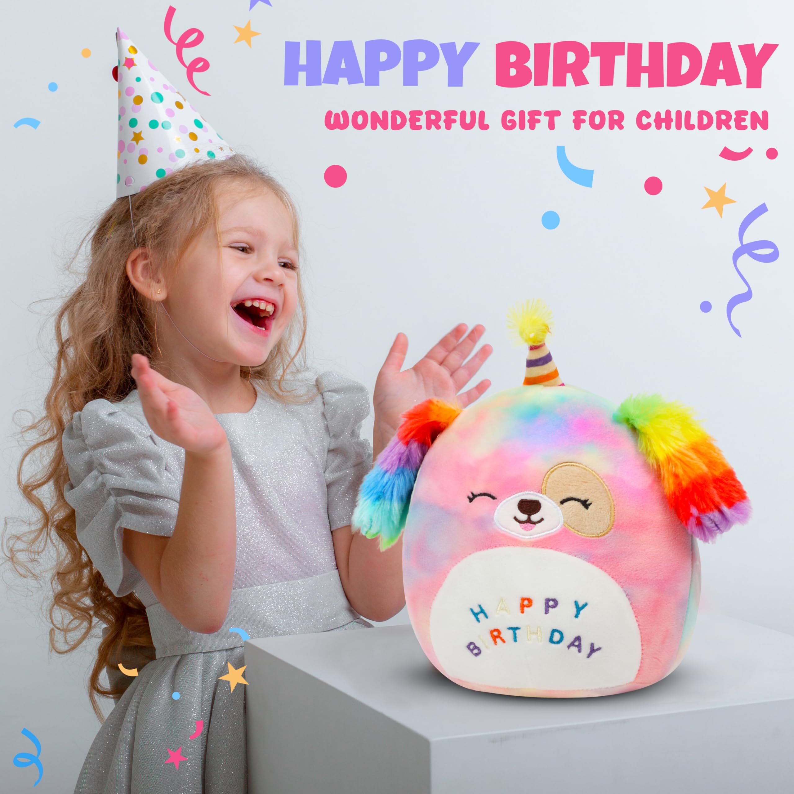Easfan 8 Rainbow Birthday Dog Plush Pillow Soft Puppy Plush Toy Cute Dog Stuffed Animal Birthday Gifts For Kids Toddlers