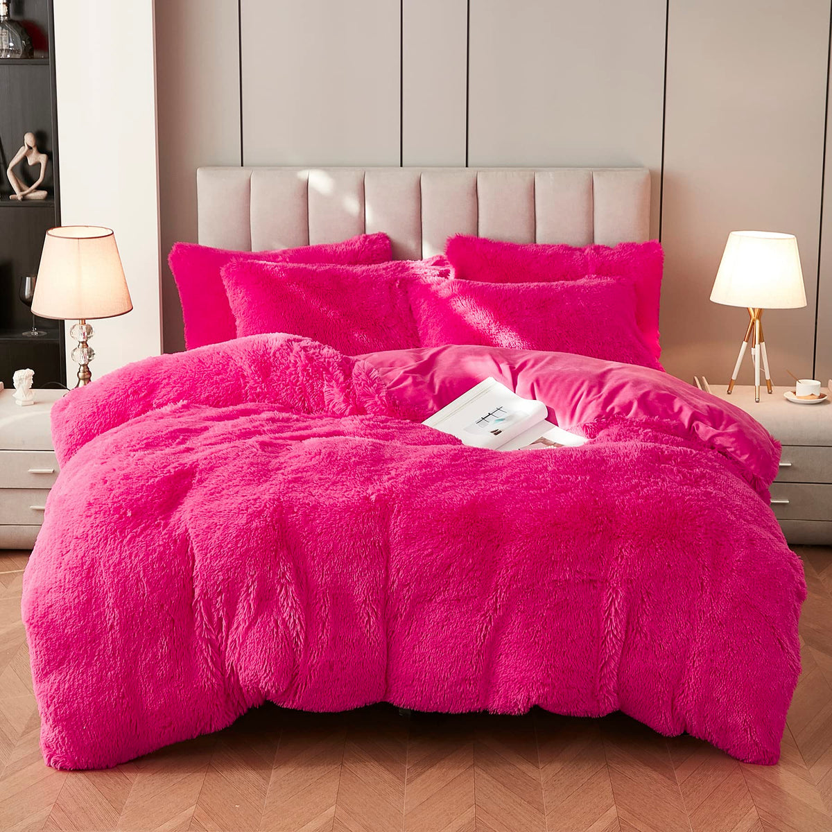 Uhamho Faux Fur Velvet Fluffy Bedding Duvet Cover Set Down Comforter Quilt Cover With Pillow Sham, Ultra Soft Warm (Twin, Hot Pi