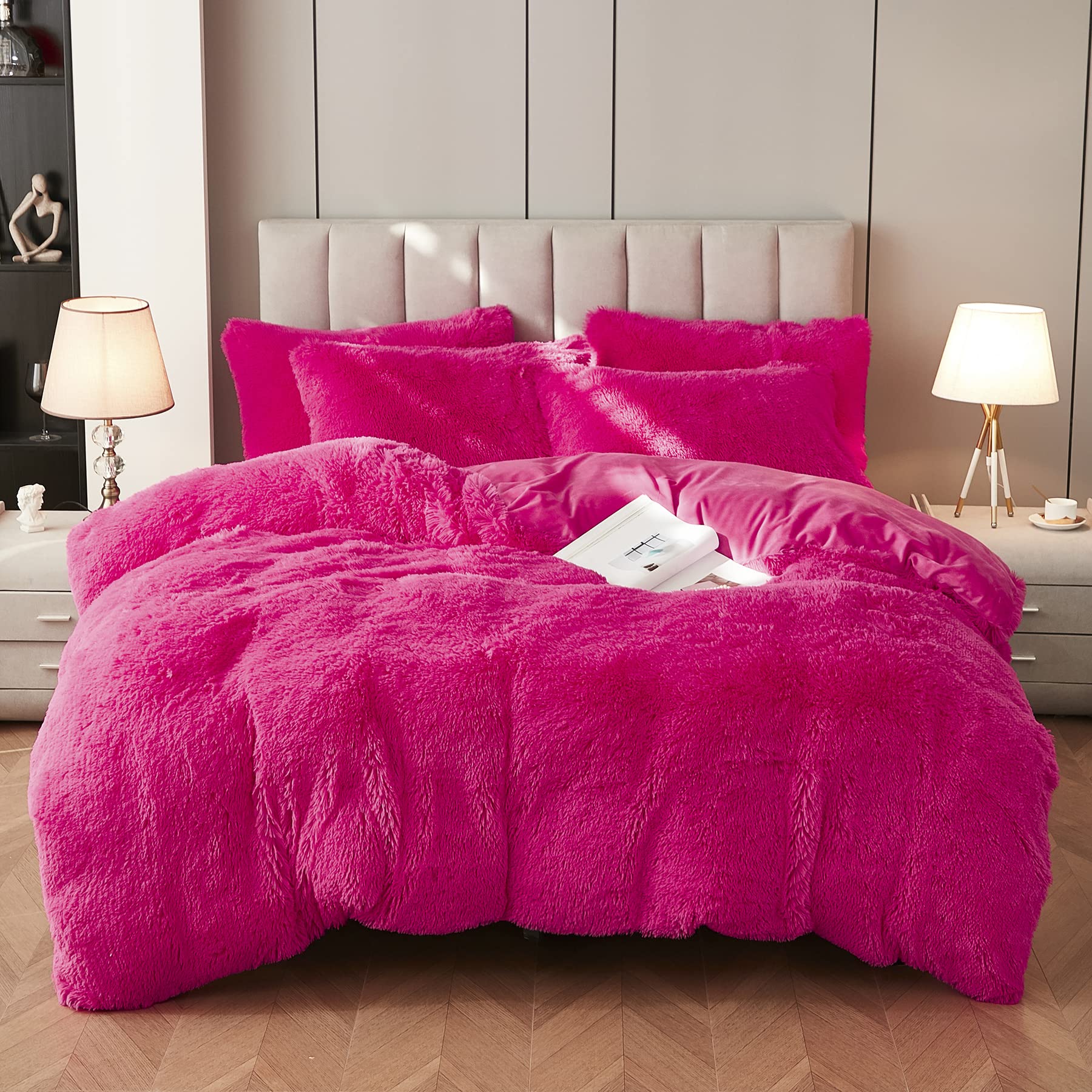 Uhamho Faux Fur Velvet Fluffy Bedding Duvet Cover Set Down Comforter Quilt Cover With Pillow Sham, Ultra Soft Warm (Twin, Hot Pi
