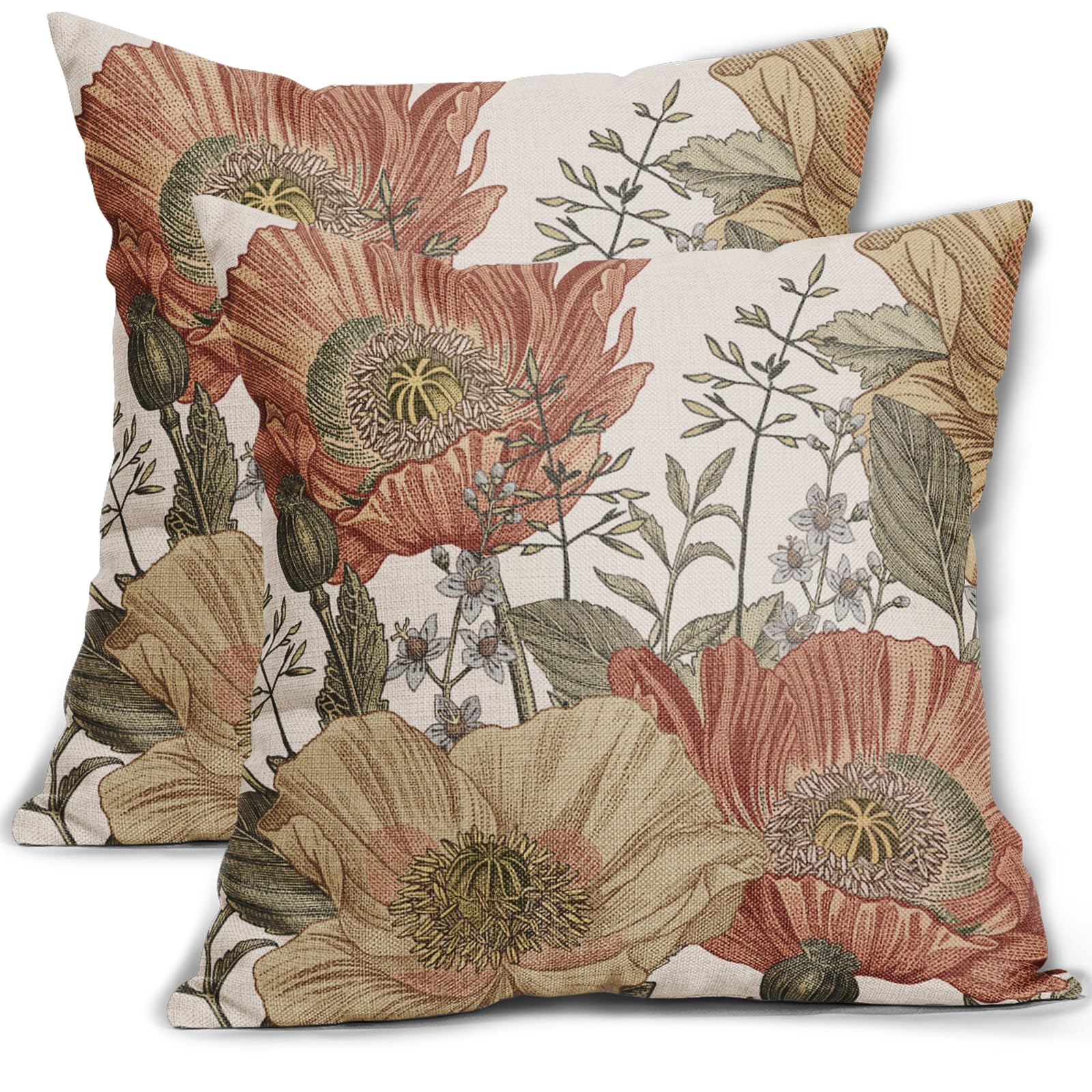 Sweetshow Brown Rust Red Vintage Floral Pillow Covers 20X20 Rustic Flowers Botanical Print Decorative Throw Pillows Outdoor Coun