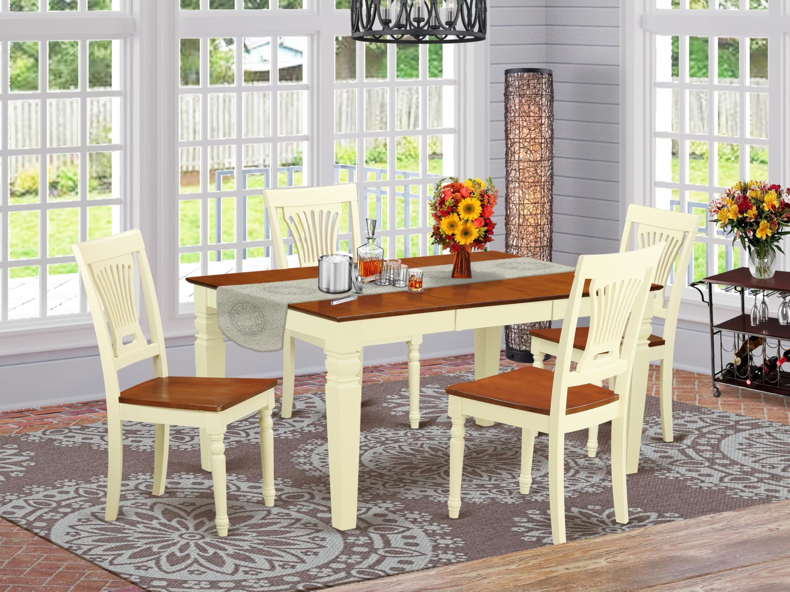 East West Furniture WEPL5-BMK-W 5 Piece Kitchen Table Set for 4 Includes a Rectangle Dining Room Table with Butterfly Leaf and 4 Solid Wood Seat Chairs, 42x60 Inch, Buttermilk & Cherry