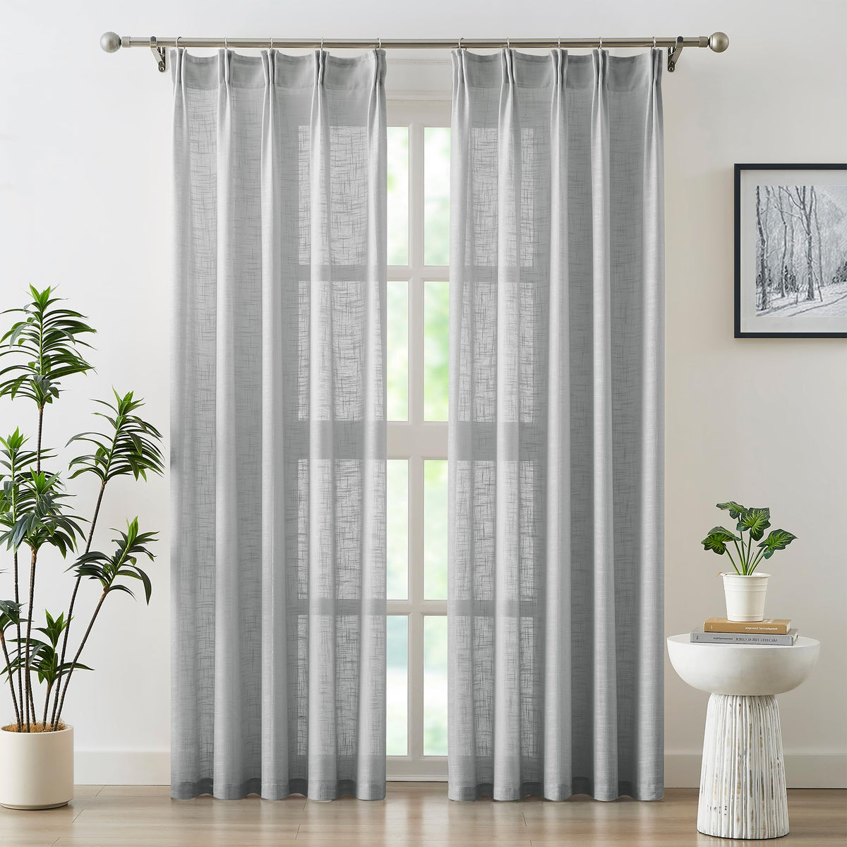 Fmfunctex Linen Grey Semi Sheer Curtains 63 Inches Length For Bedroom Farmhouse Rod Pocket Back Tab Pinch Pleated Window Drapes