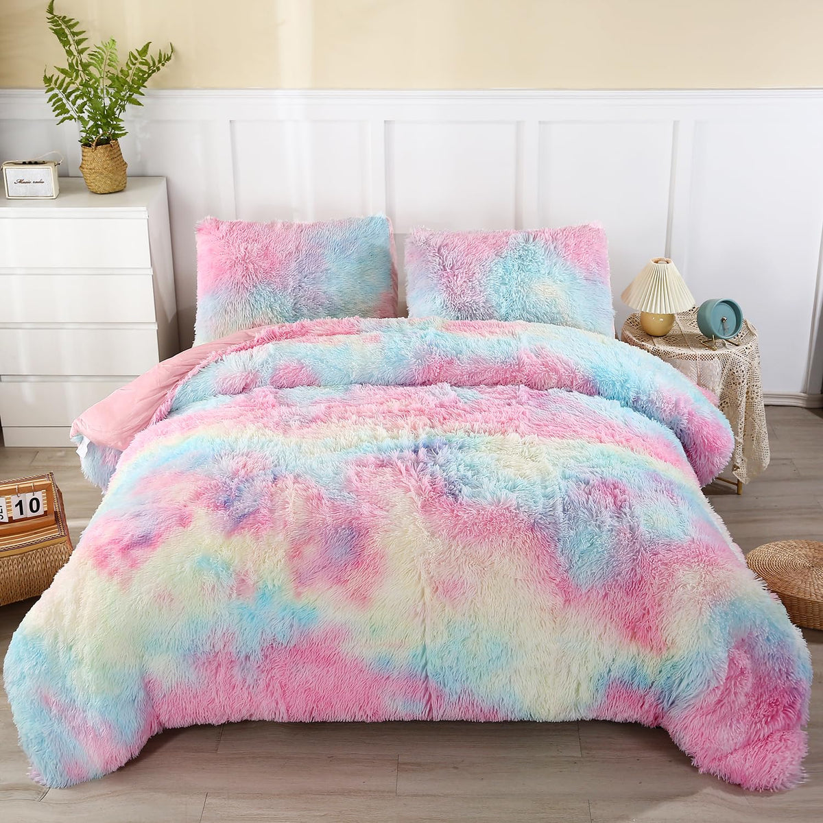 Winlife Shaggy Faux Fur Comforter Set Flannel Fuzzy Bedding Set Long Hair Fluffy Plush Comforter Sets Gradient Ombre Tie Dye Mul