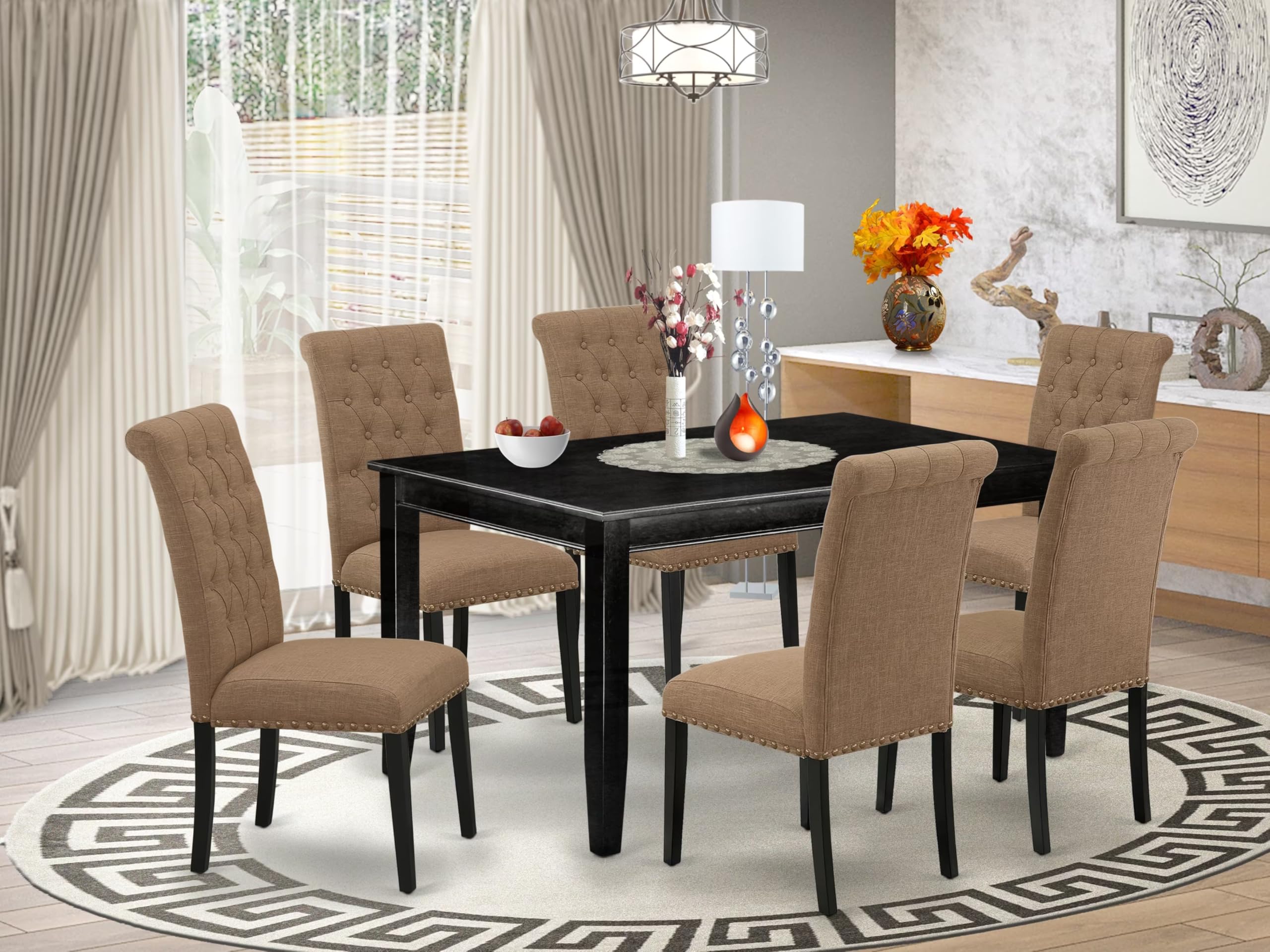 East West Furniture Dubr7-Blk-17 7 Piece Dining Room Furniture Set Consist Of A Rectangle Dining Table And 6 Light Sable Linen Fabric Parsons Chairs, 36X60 Inch, Black