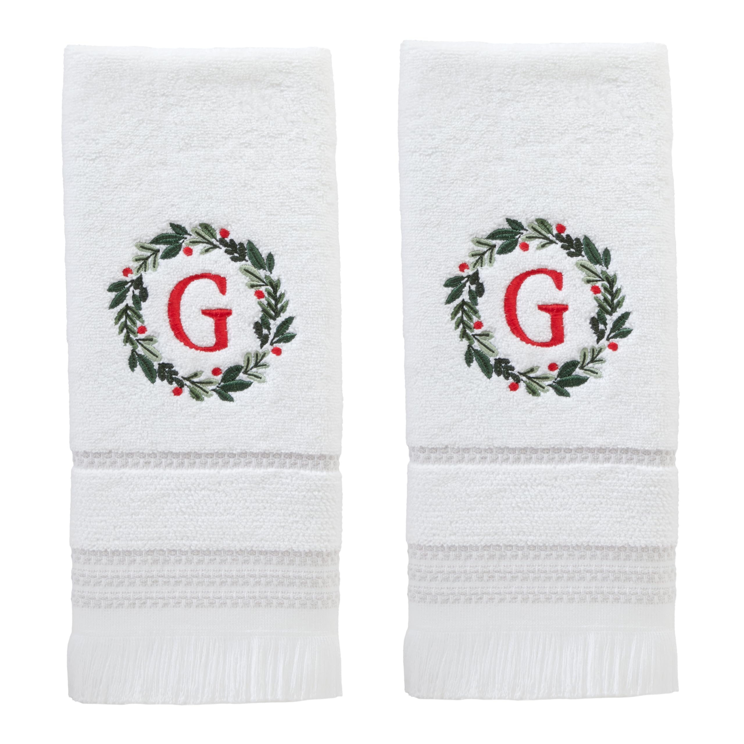 SKL Home Christmas/Winter Wreath Monogram Hand Towel G 2pc Set for Bath/Kitchen/Bar & Gift, White