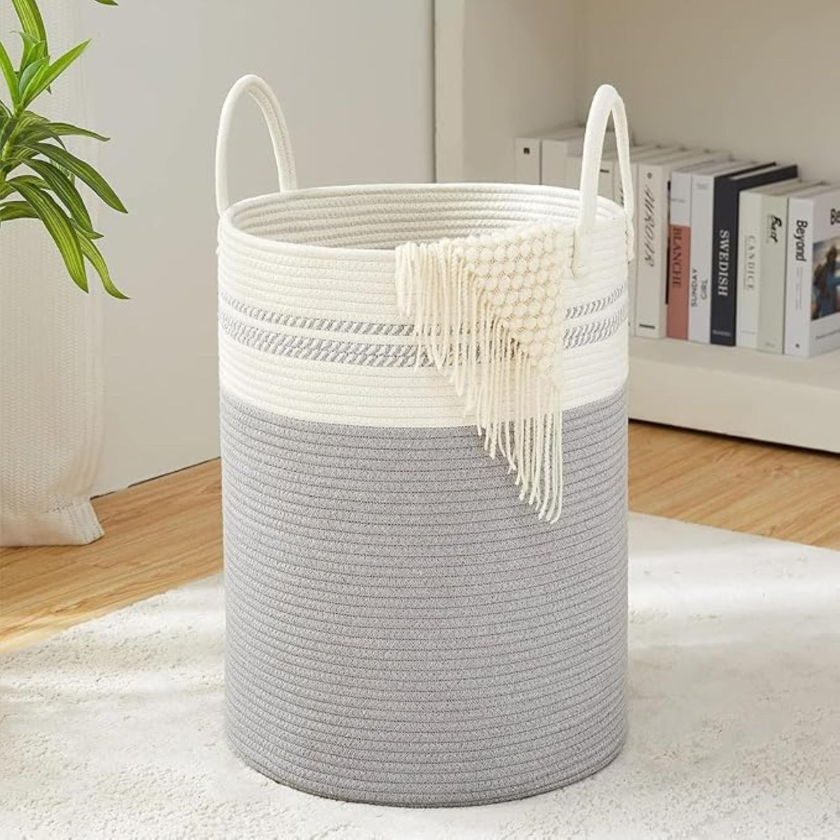 SAJAHOME Extra Large Woven Rope Laundry Hamper Basket, Natural Jute Cotton with Handles, Clothes Storage for Home Organisation F