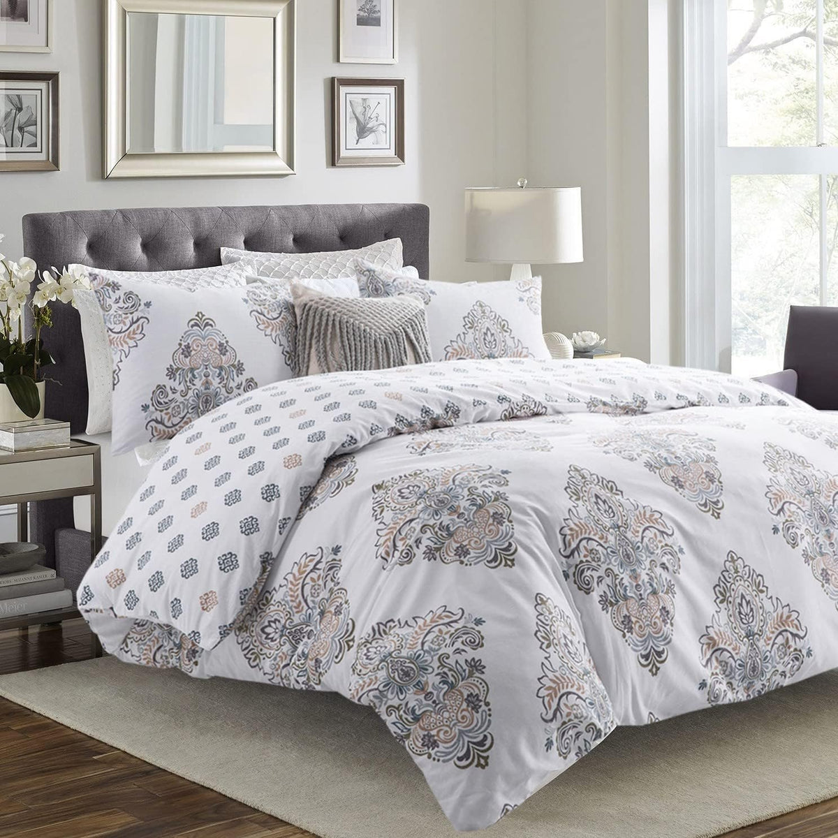 Sleepbella Comforter Twin Size, 600 Thread Count Cotton Yellow & Blue Damask With Taupe Brown Reversible Pattern White Comforter