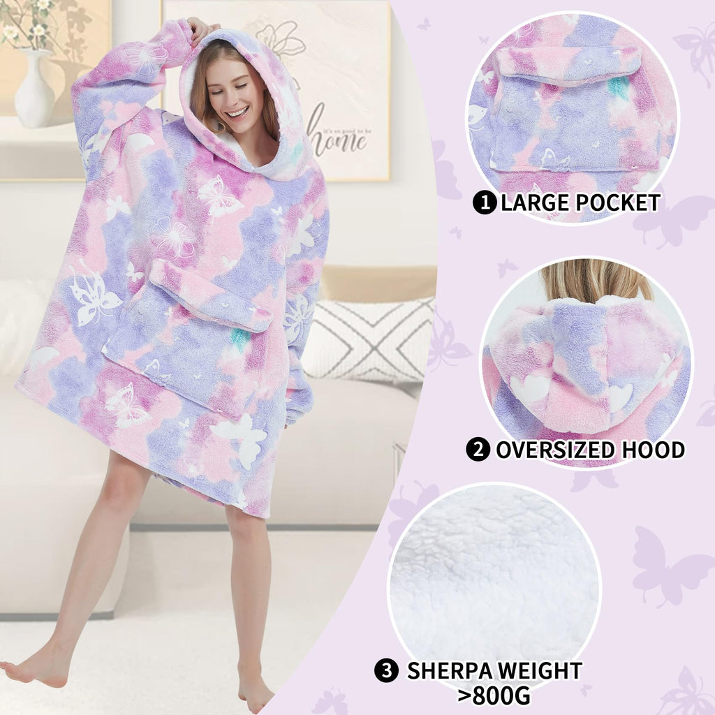 Glow In The Dark Butterfly Wearable Blanket Hoodie For Adult,Oversized Sherpa Fleece Blanket Hoodie For Women,Wearable Blanket H