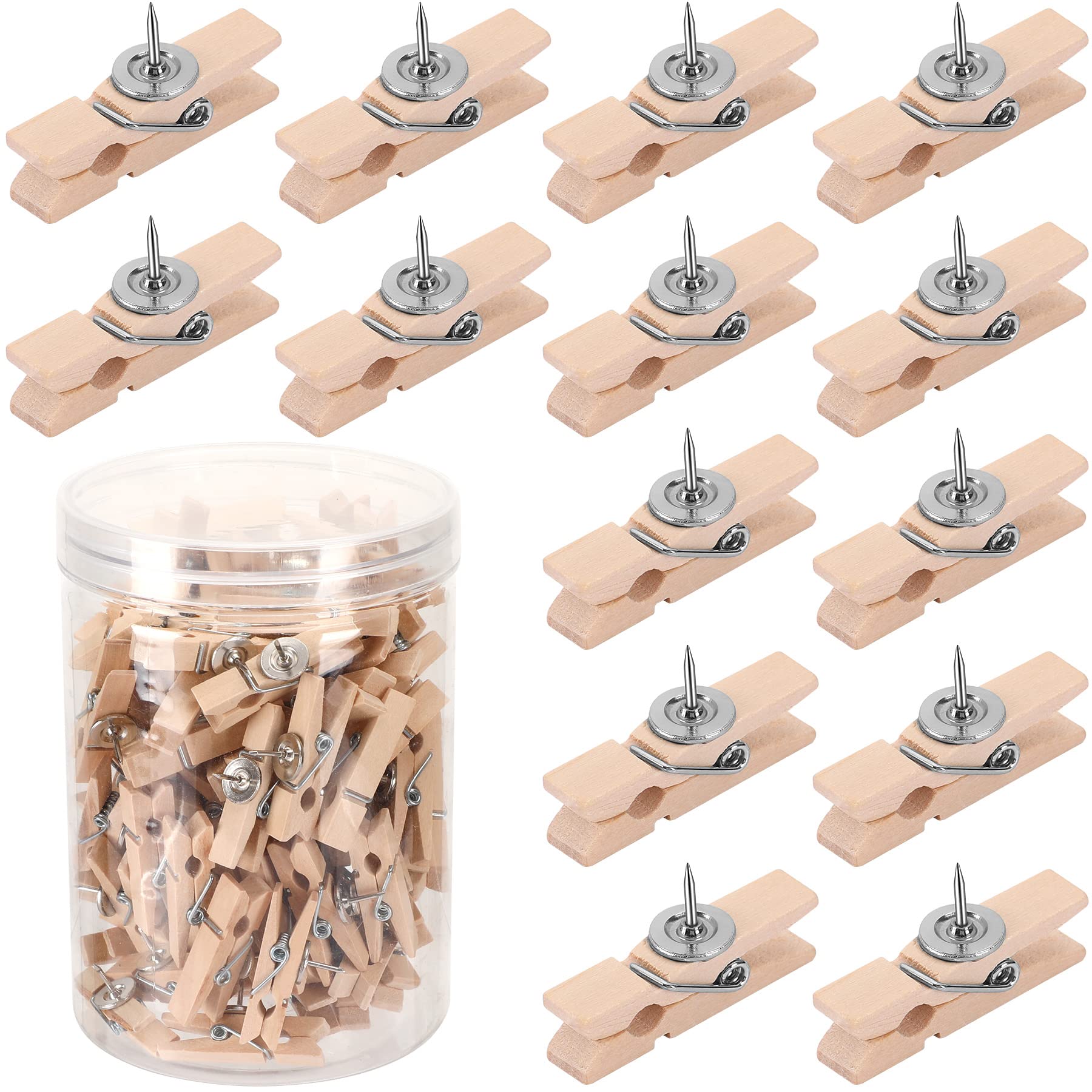 Sannix 100Pcs Wooden Push Pin Clips,Wooden Clips With Thumb Tacks For Bulletin Board Cork Board Decorations And School Office Cr