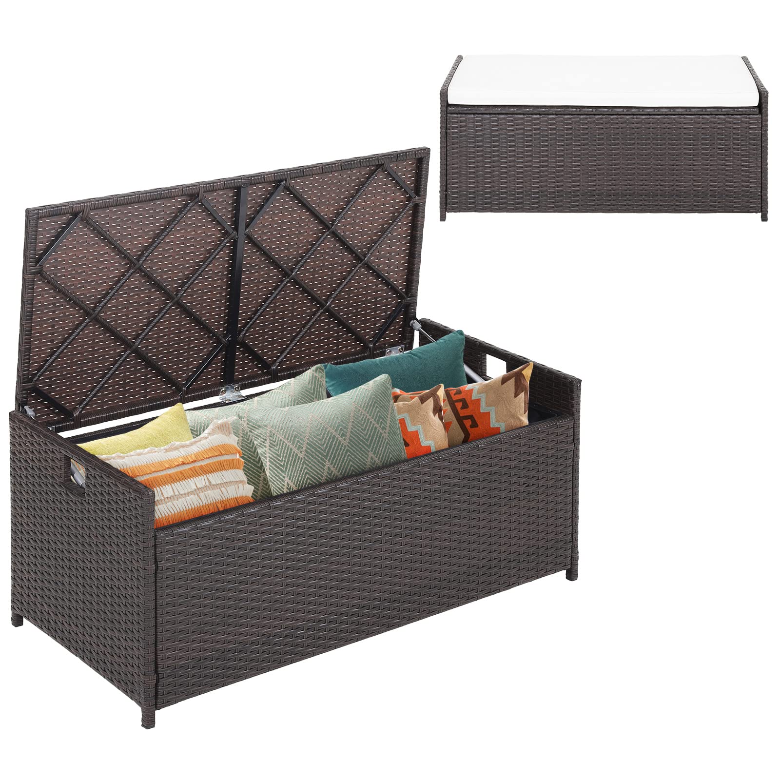 Happygrill 34 Gallon Patio Storage Bench Deck Box, 3-In-1 Rattan Wicker Storage Box With Seat Cushion & Zippered Protective Line