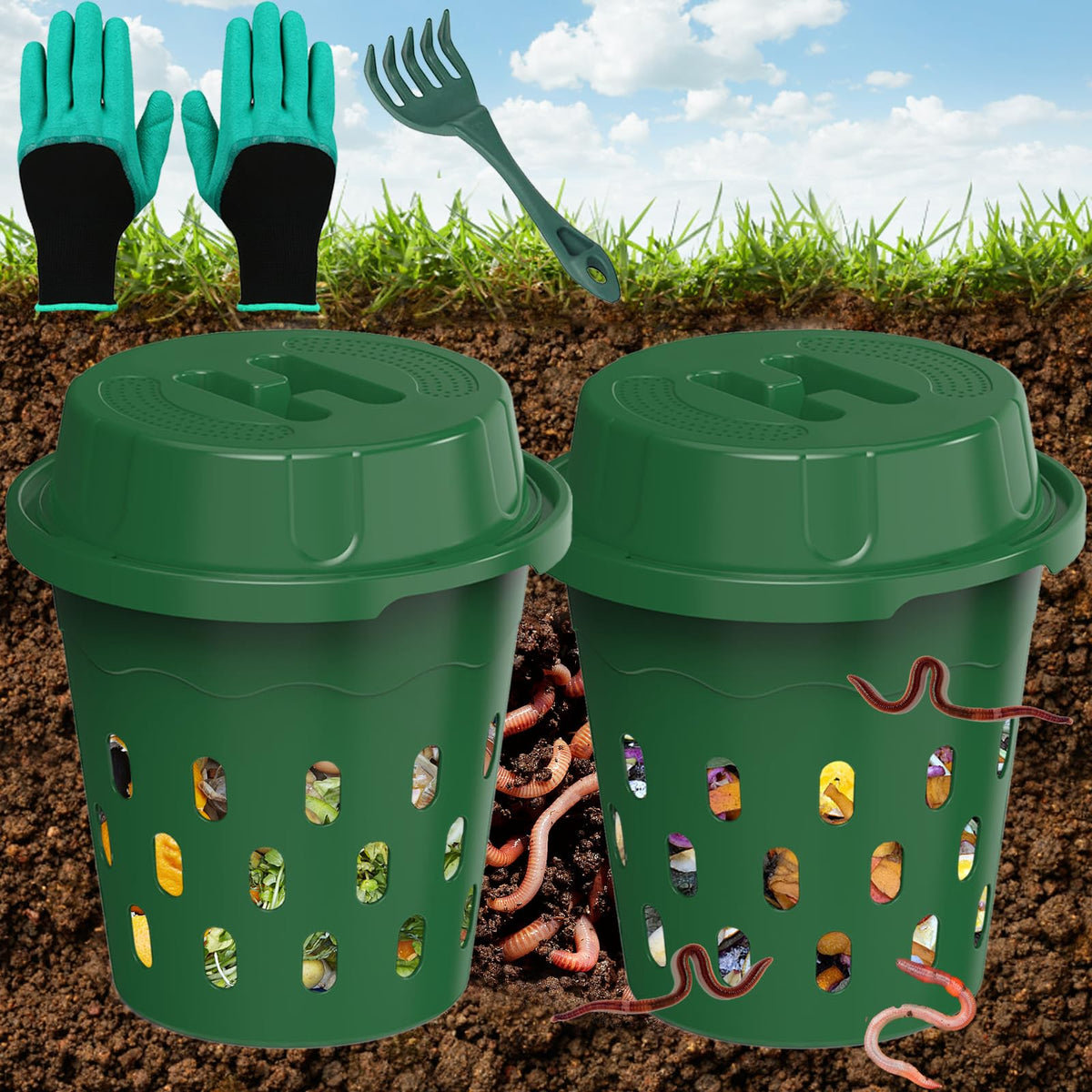 TOP XIAN 2Pack Inground Worm Composter, Outdoor Worm Compost Bin for Garden Beds & Home Use, Vermicomposting Bin for Beginners 