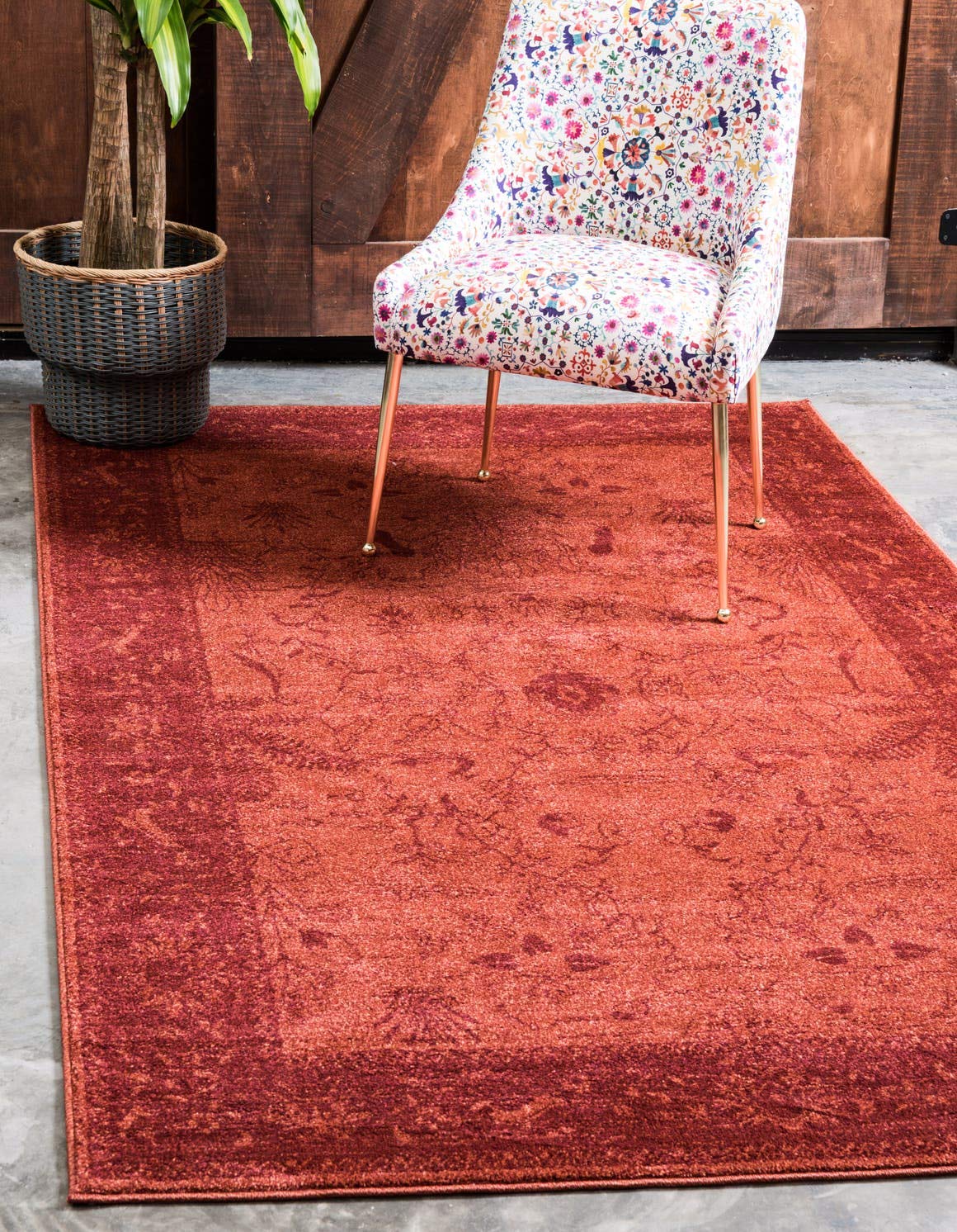 Unique Loom La Jolla Collection Farmhouse, Contemporary, Botanical, Traditional, Vintage Area Rug, 5 x 8 ft, Orange/Burgundy