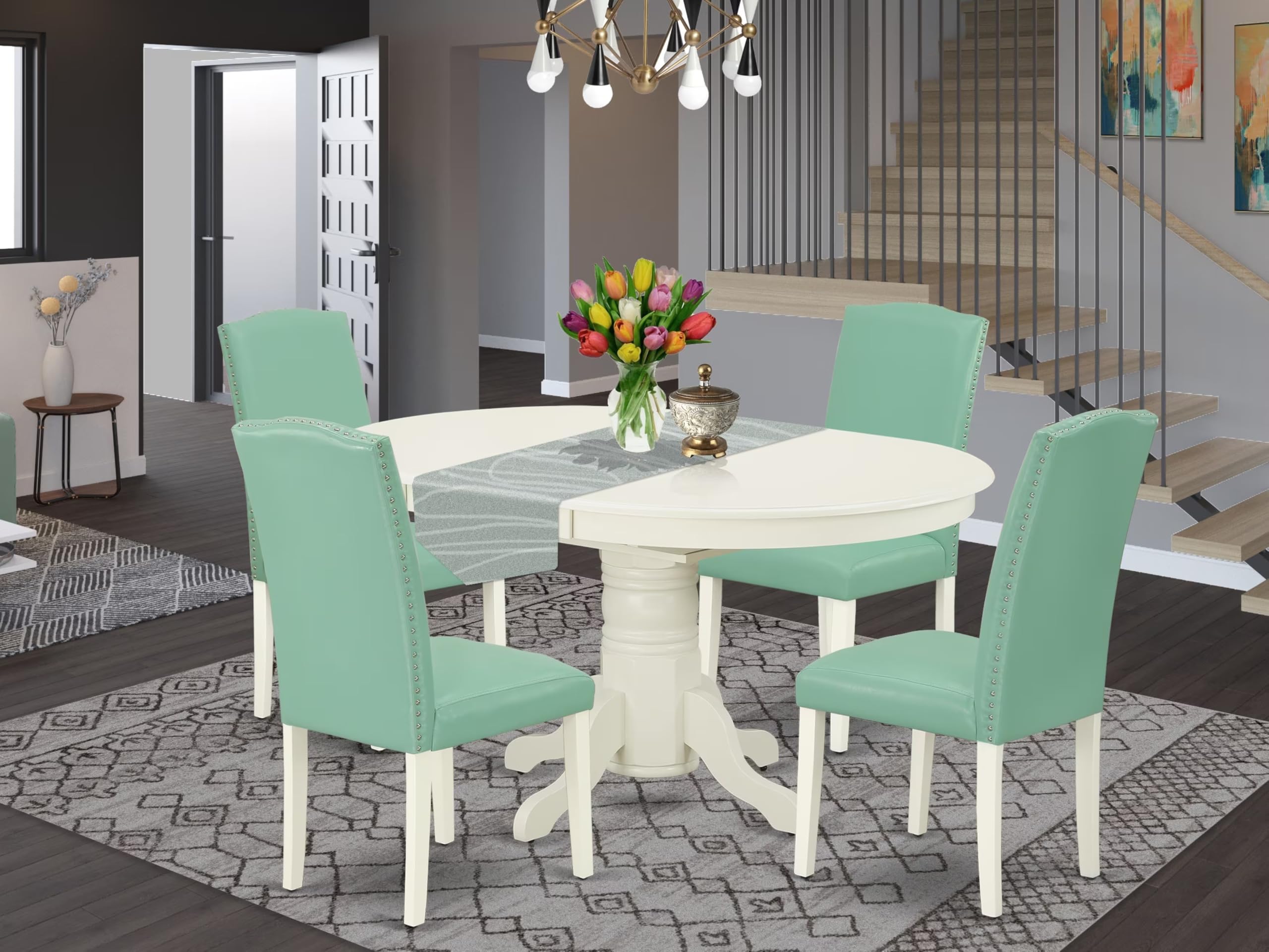 East West Furniture Aven5-Lwh-57 5 Piece Dining Room Furniture Set Includes An Oval Wooden Table With Butterfly Leaf And 4 Pond Faux Leather Upholstered Chairs, 42X60 Inch, Linen White