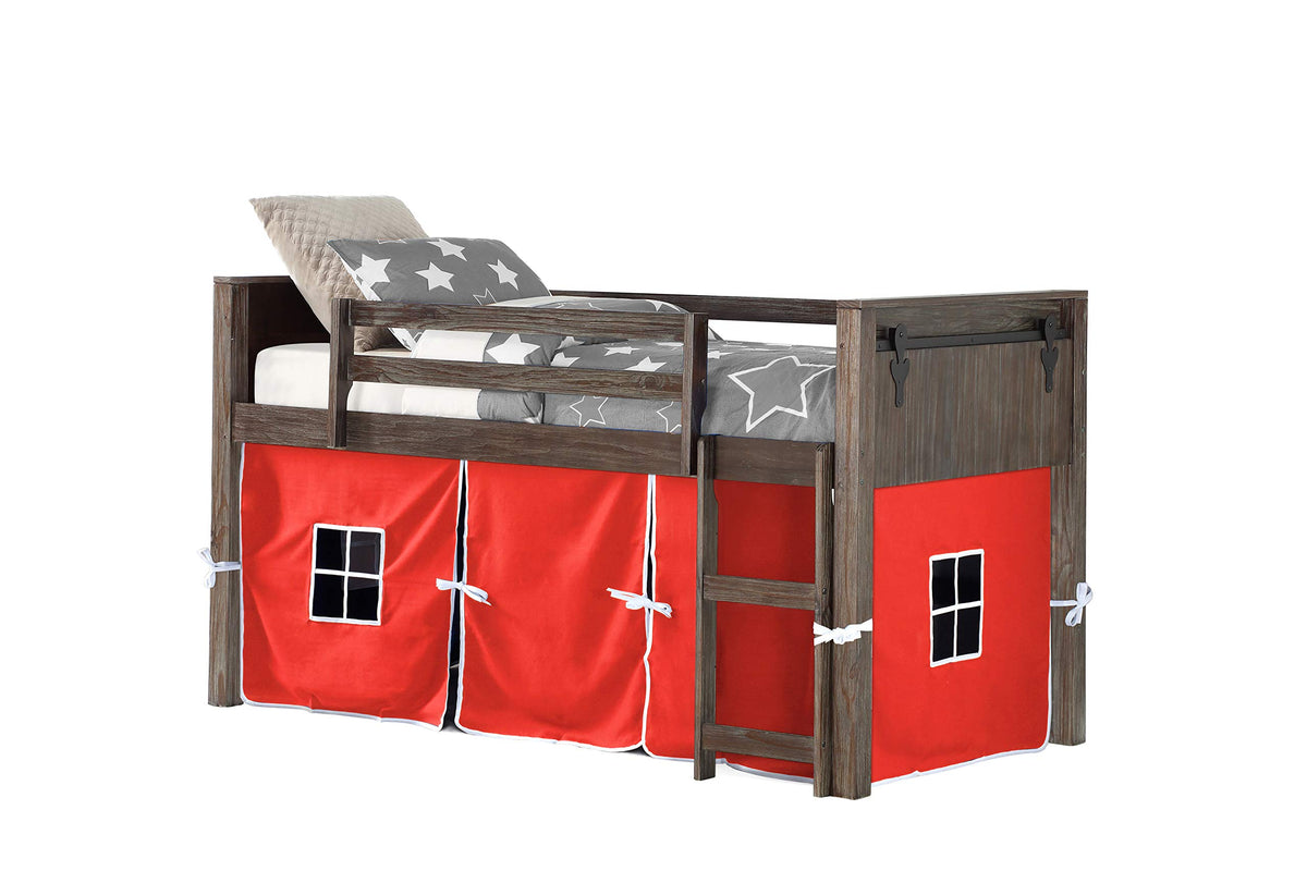 DONCO Twin Barn Door Low Loft with Red Tent in Brushed Shadow