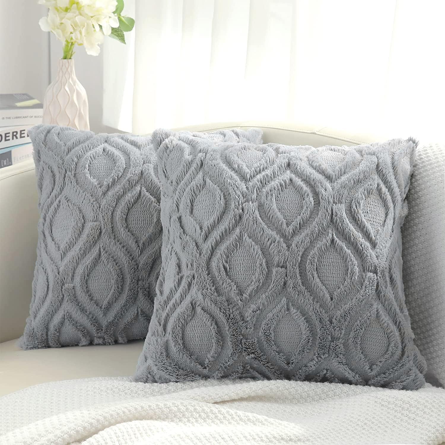 Decoruhome Decorative Throw Pillow Covers 20X20, Soft Plush Faux Wool Couch Pillow Covers For Home, Set Of 2, Grey