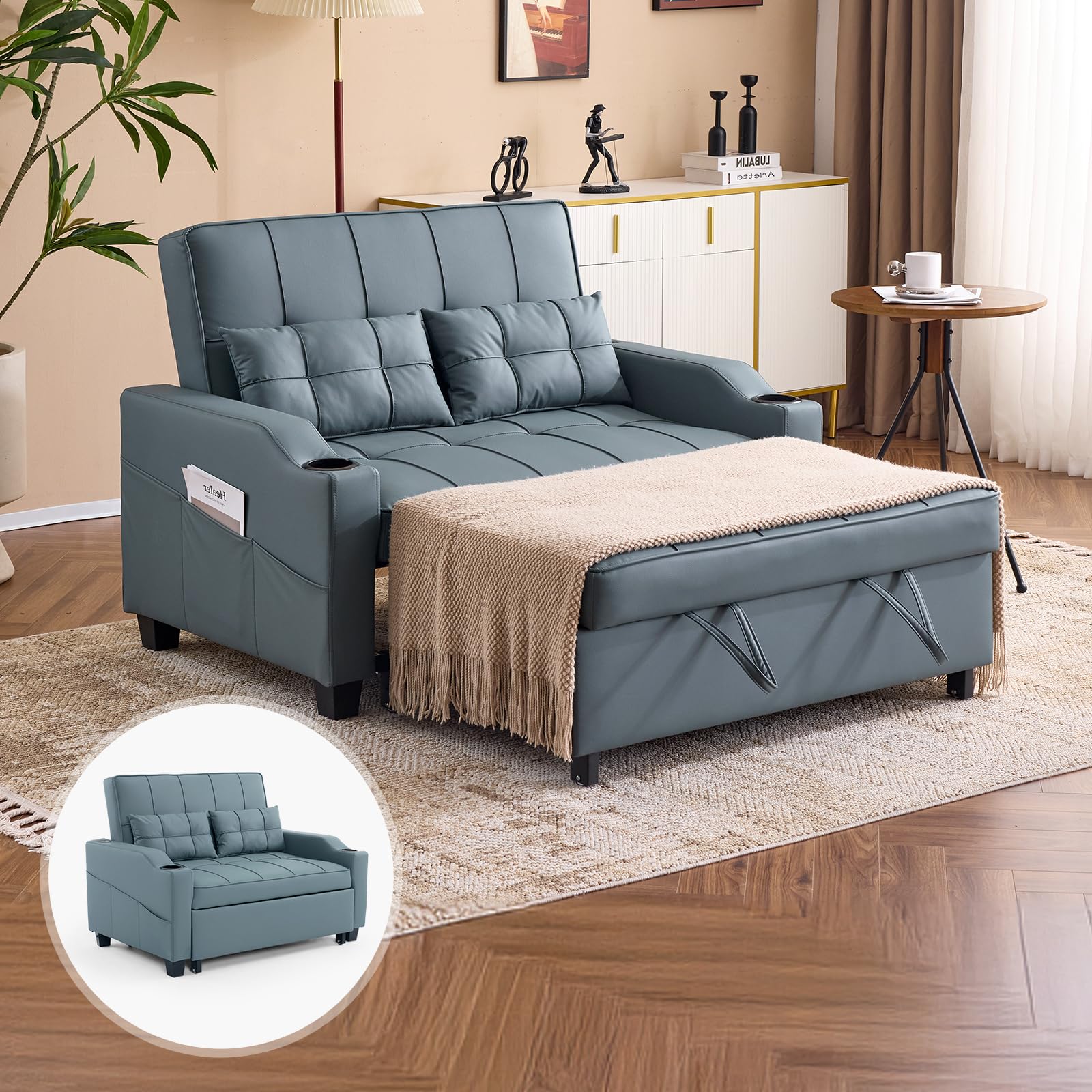 Vingli Futon Sofa Bed Convertible Loveseat Sleeper Couch, Blue Grey Faux Leather Pull Out Couch Bed With Usb Ports, Cup Holders,