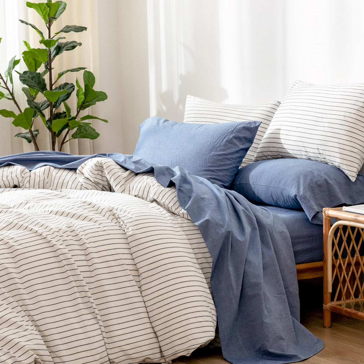 Moomee Bedding Sheet Set 100% Washed Cotton Linen Like Textured Breathable Durable Soft Comfy (Blue, Queen)