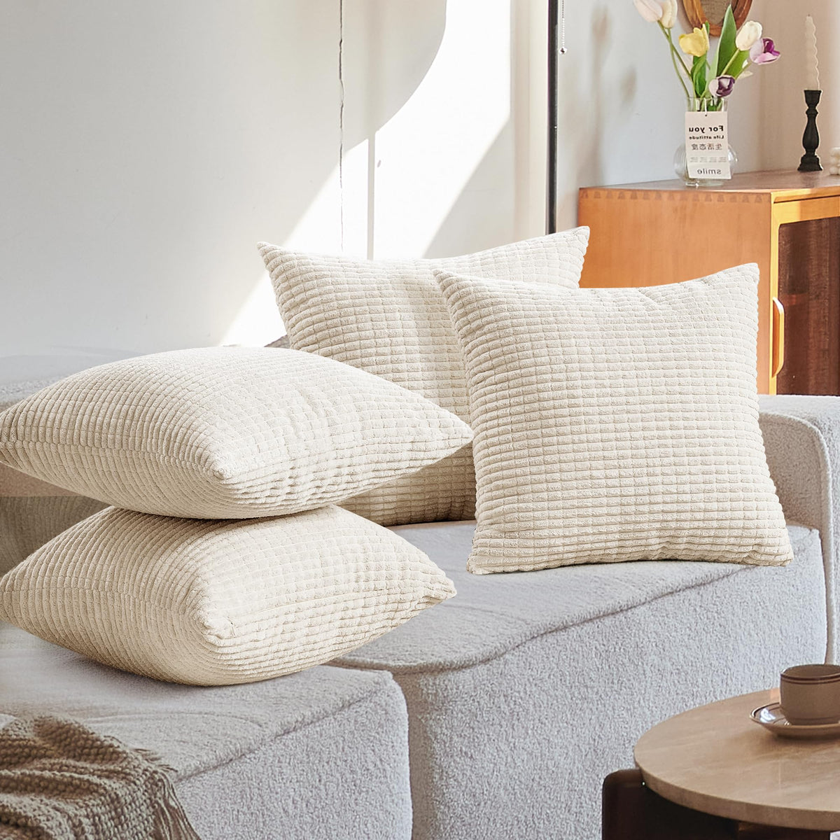 Deconovo Pillow Covers, Throw Pillow Covers 18X18, Throw Pillows, Set Of 4, Cream Corduroy Striped Decorative Sofa Couch Bed Bed