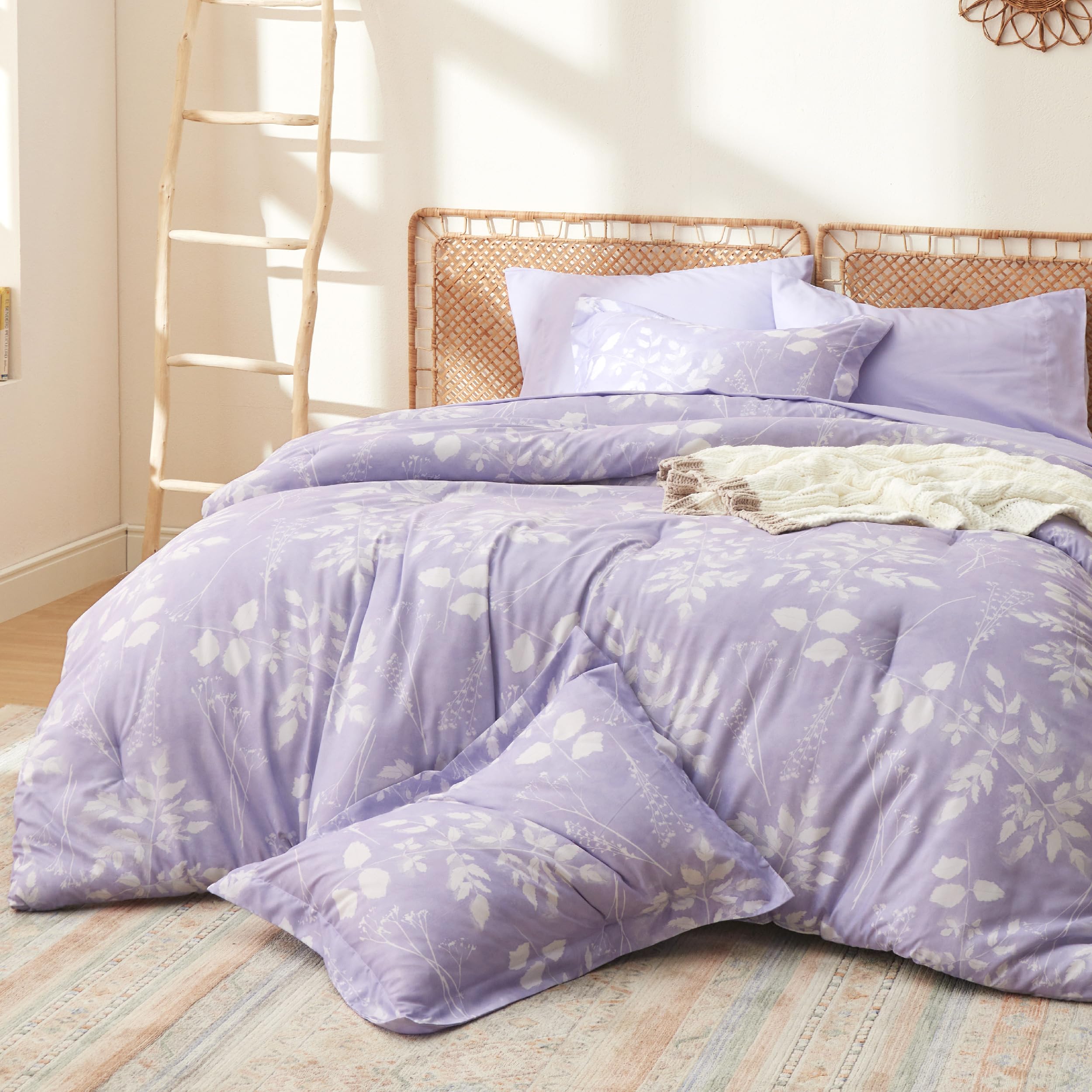 Bedsure Light Purple Twin Comforter Set - 5 Pieces Floral Lavender Bedding Sets, Twin Bed In A Bag With Reversible Botanical Flowers Comforter, Sheets, Pillowcases & Shams