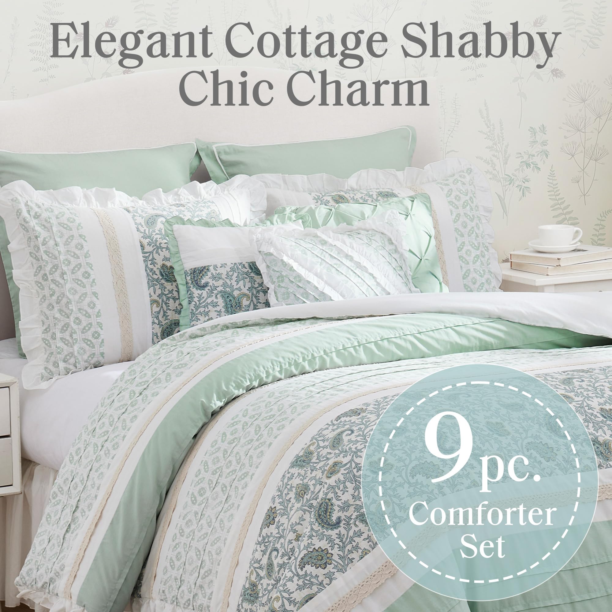 Madison Park Dawn 100% Cotton Shabby Chic Comforter Set-Modern Cottage Design All Season Down Alternative Bedding, Matching Shams, Bedskirt, Decorative Pillows, King(104'X92'), Aqua 9 Piece