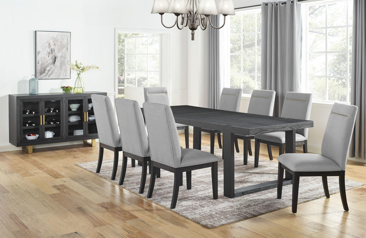 Steve Silver Furniture Yves 10pc Dining Table Set, 77-95&quot; Table w/ 18&quot; Leaf, 8 Yves Performance Side Chairs, 60&quot; Server w/ 4 Glass Doors/ 4 Storage Shelves, 77&quot; L x 40&quot; W x 30&quot; H, Black