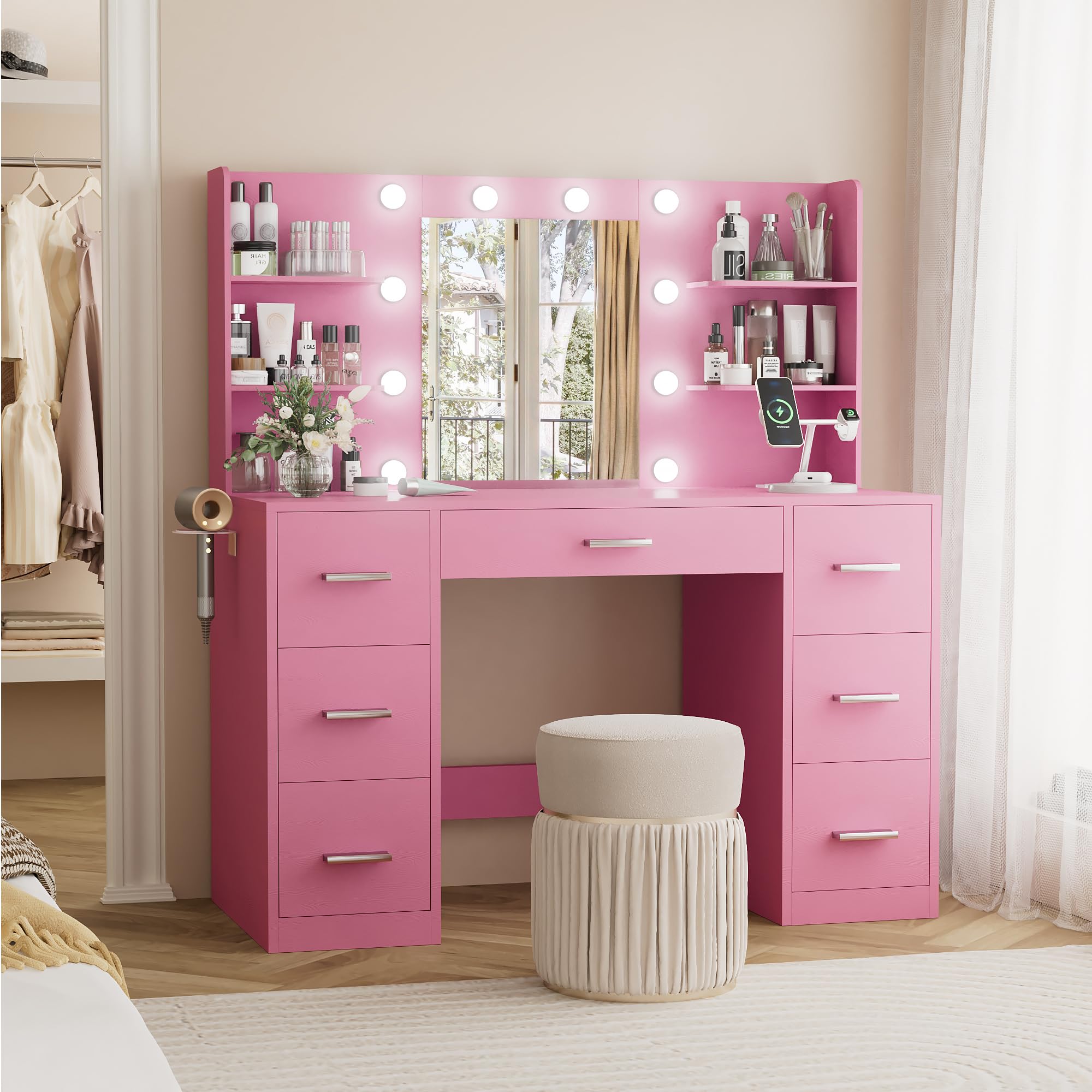 YESHOMY Vanity Desk with Mirror, Power Outlet and 10 Lights, Makeup Table with 7 Drawers, 3 Color Modes Available for Bedroom, P