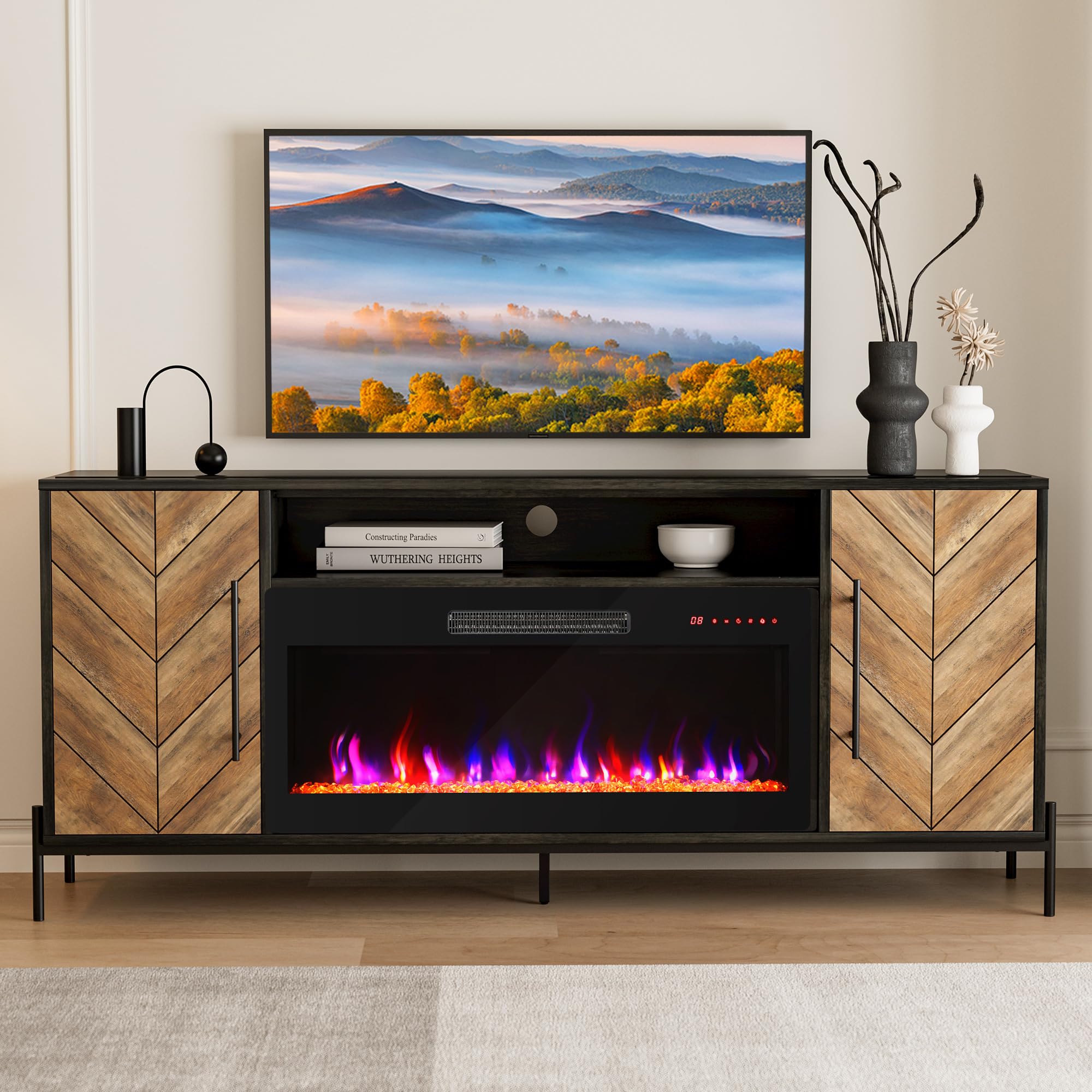 BELLEZE 68 TV Stand with 36 Electric Fireplace Heater, Entertainment Center with Storage Cabinet, Console Table for TVs up to 75