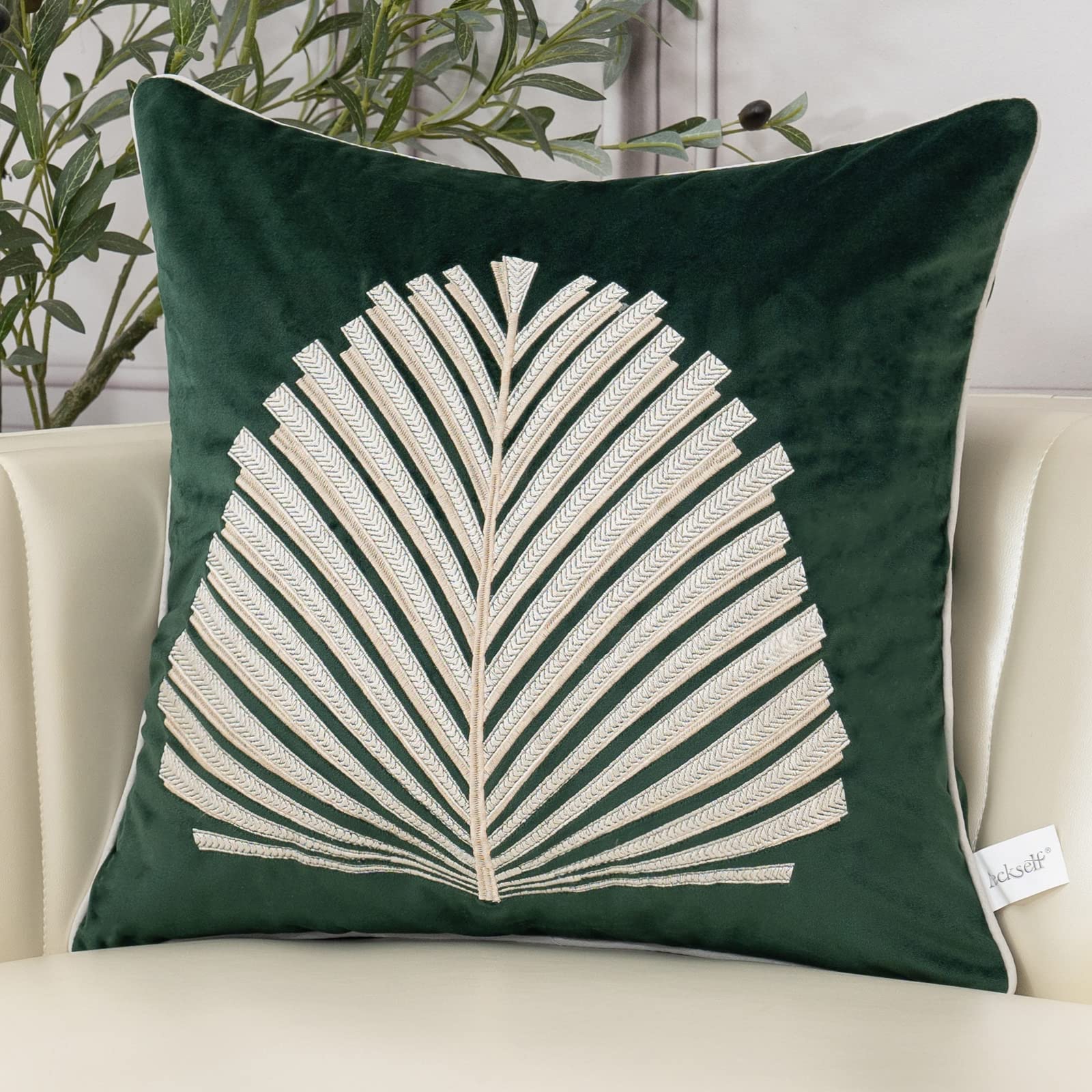Aeckself 20 X 20 Inch Teal Square Throw Pillow Cover Tree Leaves Embroidery Velvet Cushion Case Luxury Modern Pillowcase For Cou