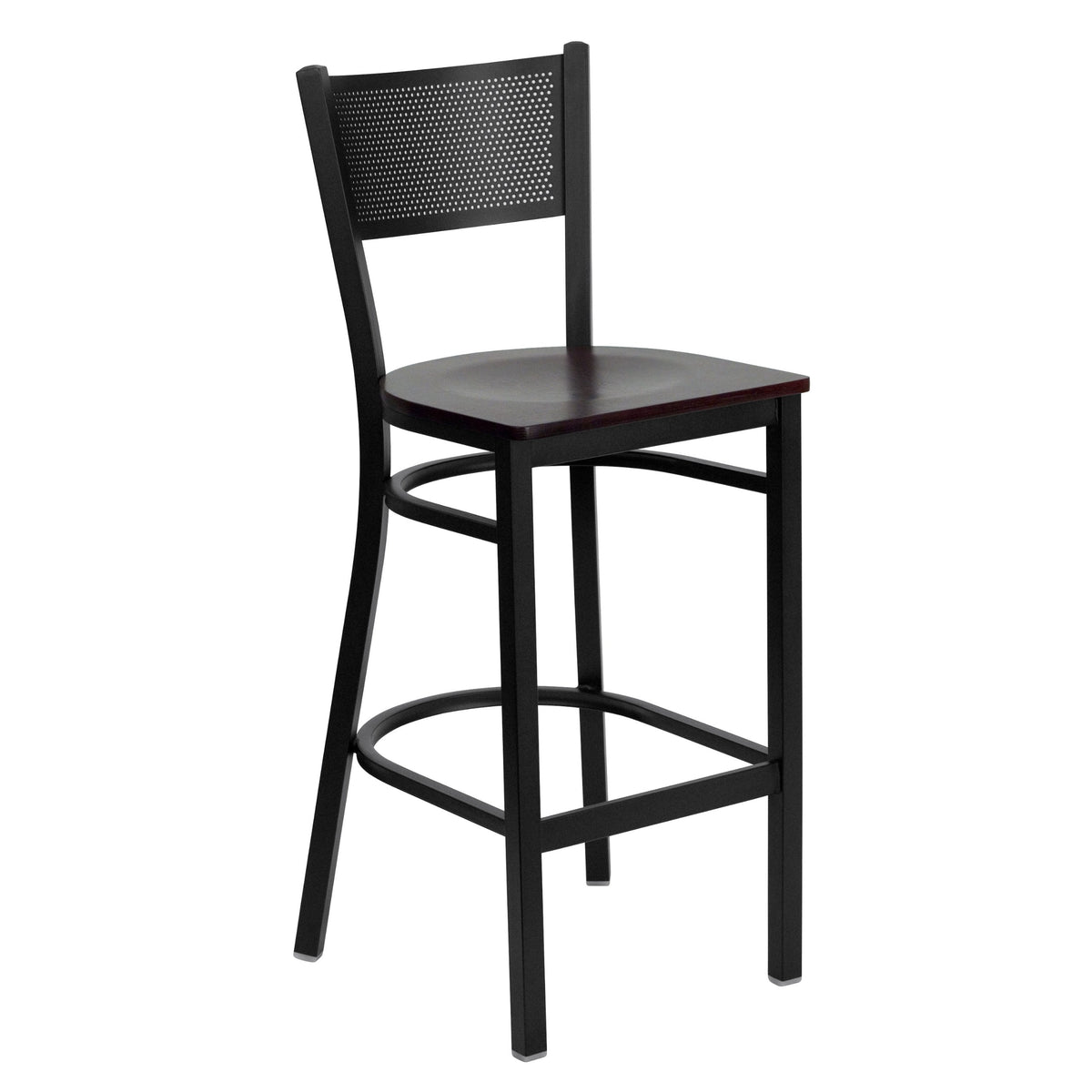 Flash Furniture Hercules Series Black Grid Back Metal Restaurant Barstool - Mahogany Wood Seat