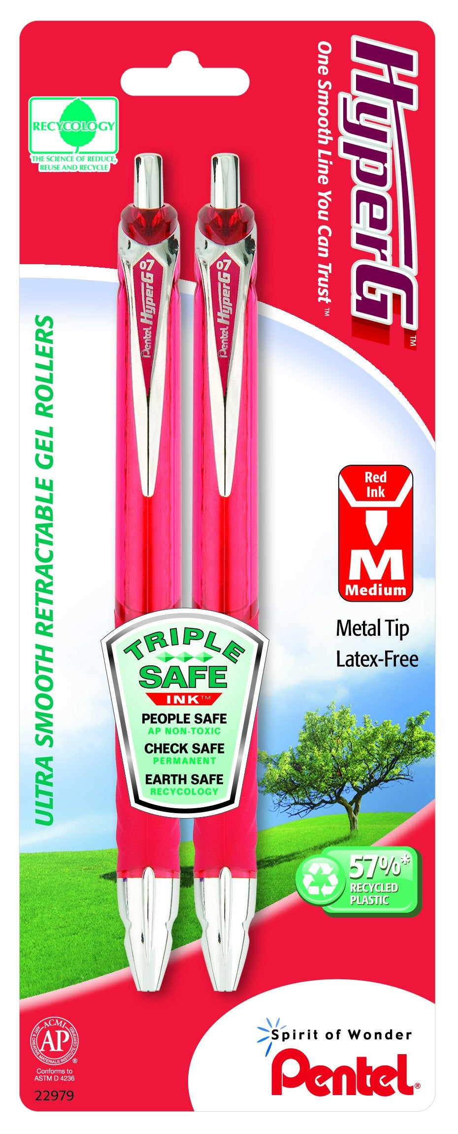Pentel Hyperg Retractable Gel Roller Pen, 0.7Mm, Permanent Red Ink, 2 Pack (Kl257Bp2B)