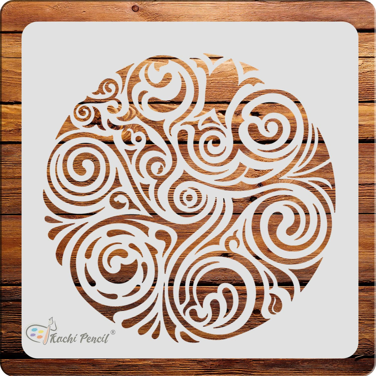 Kachi Pencil Swirl Art Design Mandala Art and Craft Stencils for Painting, Size 6 x 6 inch Reusable Stencil for Painting, Fabric