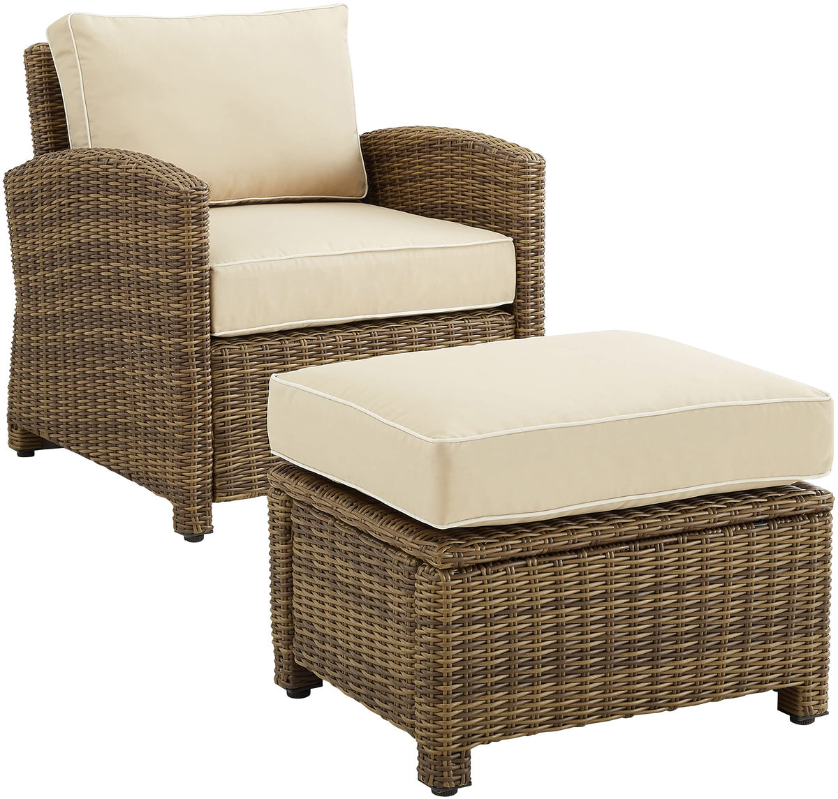 Crosley Furniture Bradenton 2-Piece Outdoor Chair and Ottoman Set, Wicker Patio Conversation Sets for Porch, Brown with Sand Cushions