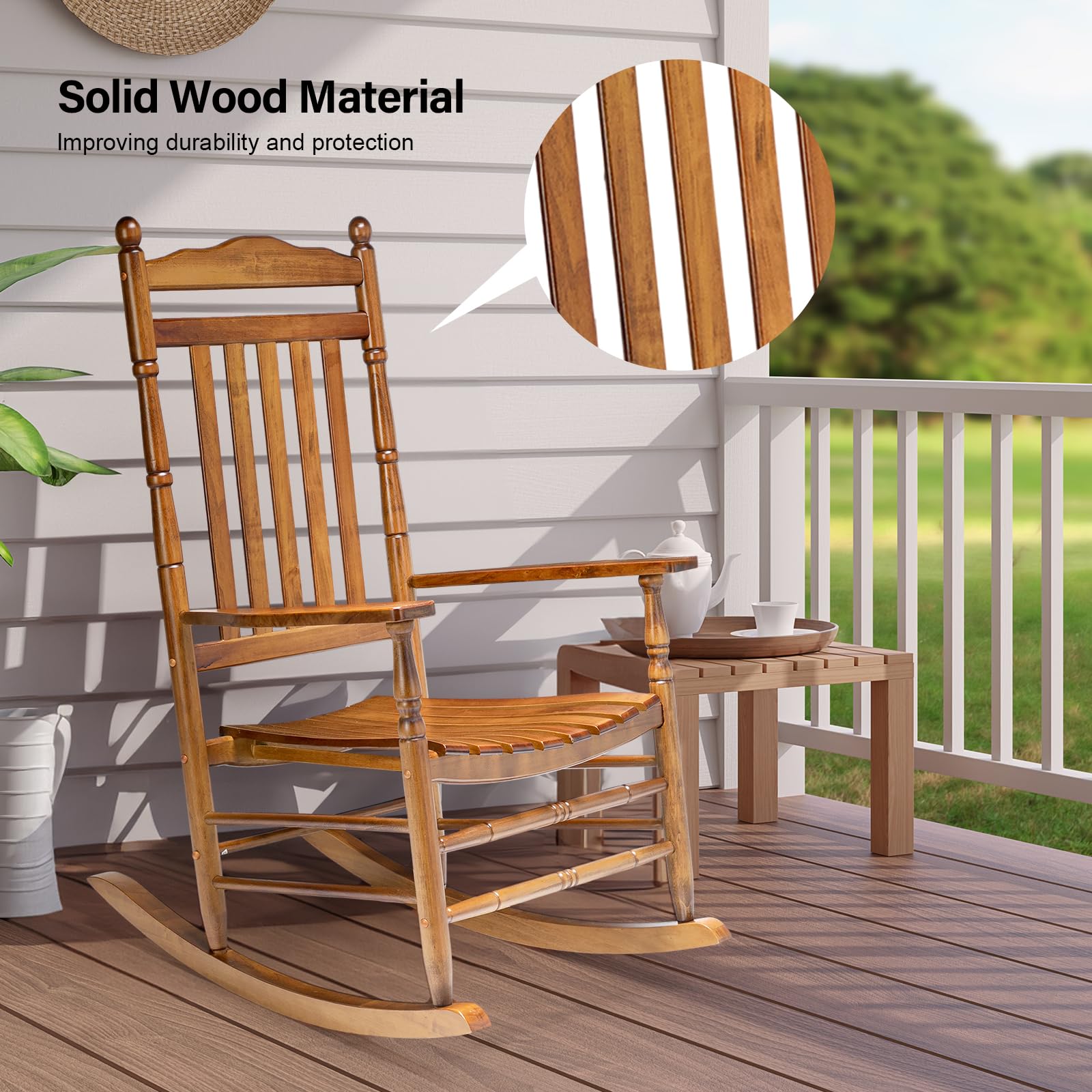 Vingli Wood Rocking Chair Outdoor With 450 Lbs Support Relaxing Rocker Solid Wood High Back Seat Reclining Seat For Deck, Garden, Backyard, Porch, Indoor Or Outdoor Use, Teak