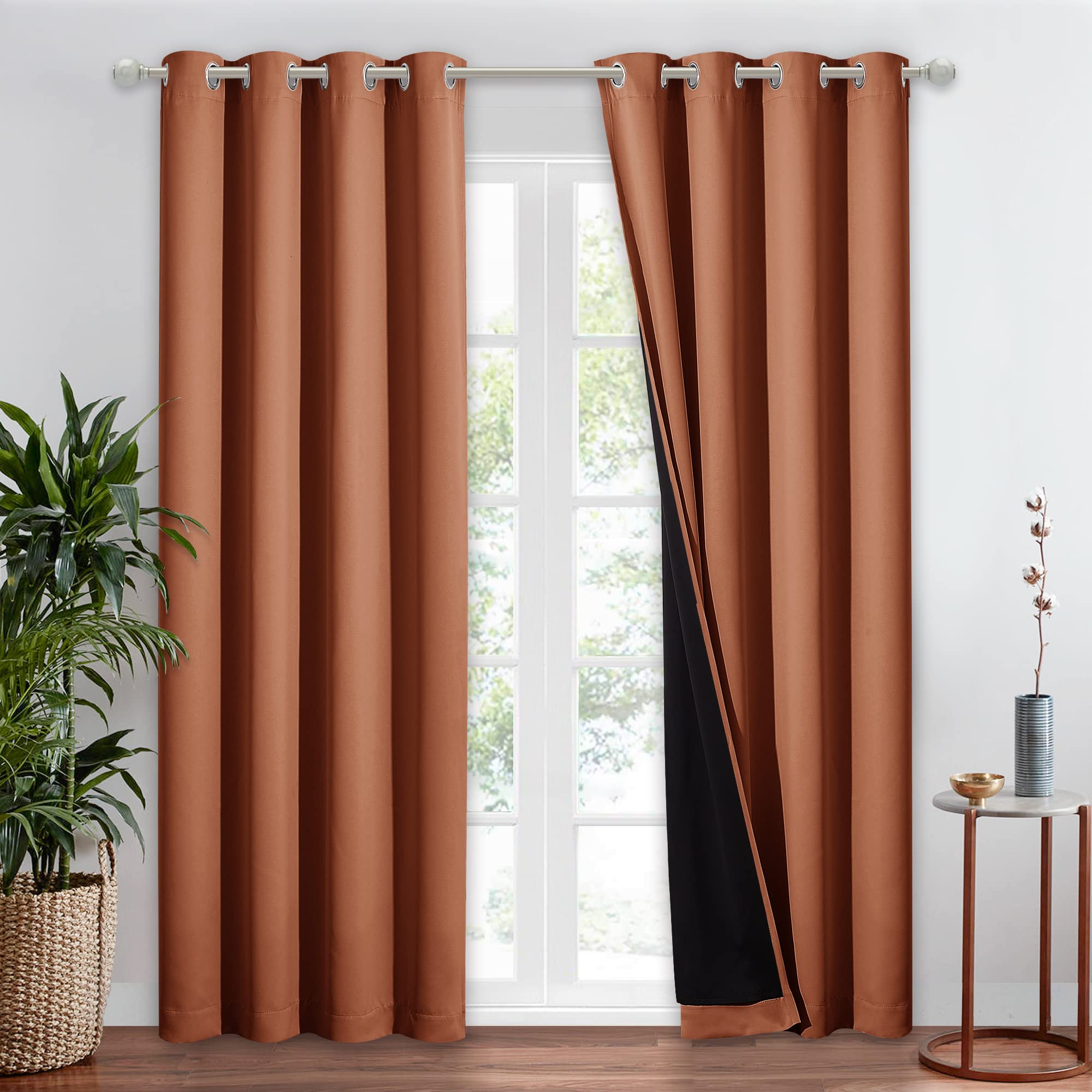 Nicetown Burnt Orange 100% Blackout Window Curtain Panel, Cold And Full Light Blocking Drape With Black Liner For Nursery, 84 In