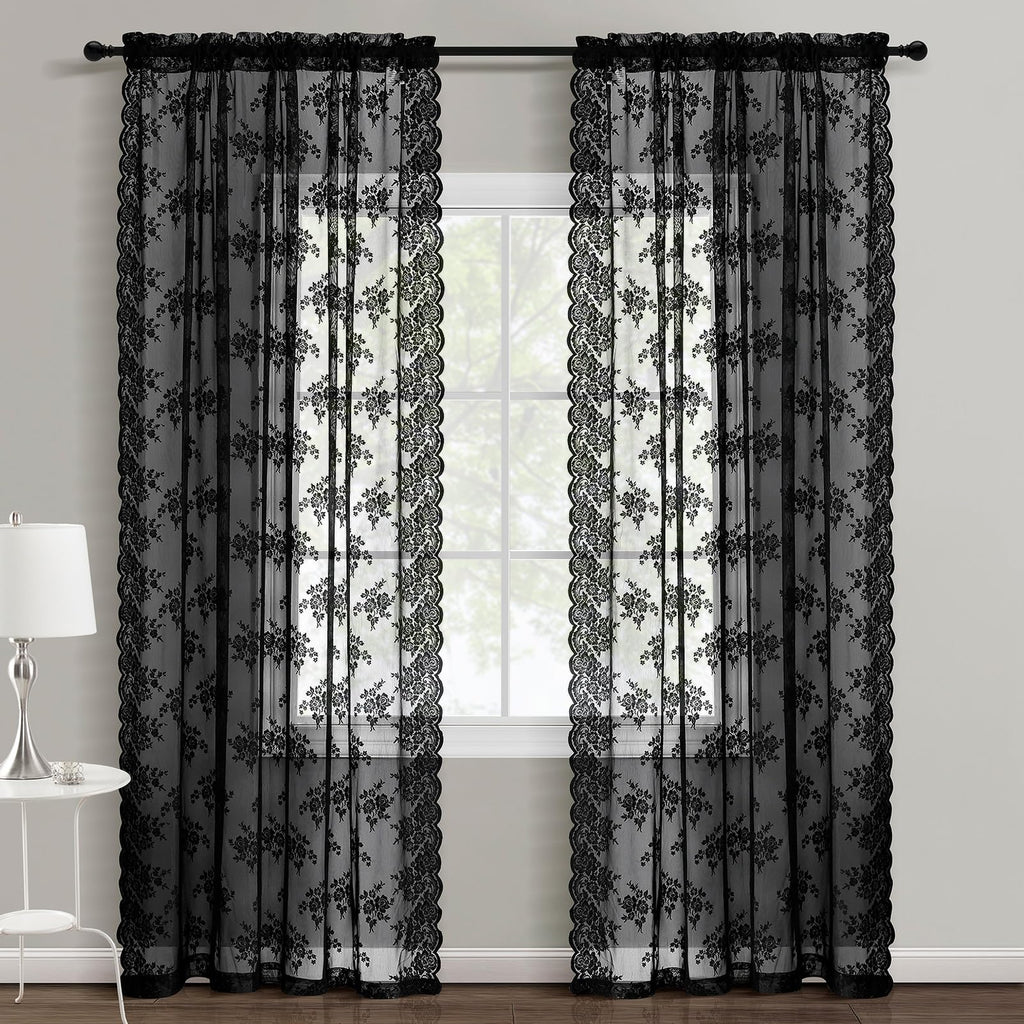 Kotile Black Lace Curtains 63 Inch Length 2 Panels, Country Rustic Floral Gothic Sheer Curtains For Halloween, Rod Pocket Vintag