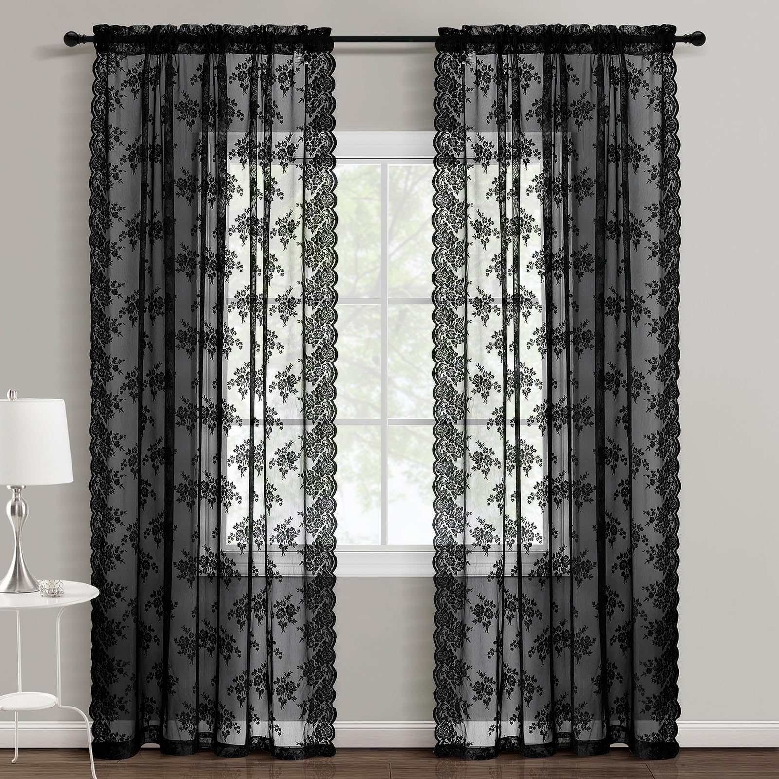 Kotile Black Lace Curtains 63 Inch Length 2 Panels, Country Rustic Floral Gothic Sheer Curtains For Halloween, Rod Pocket Vintag