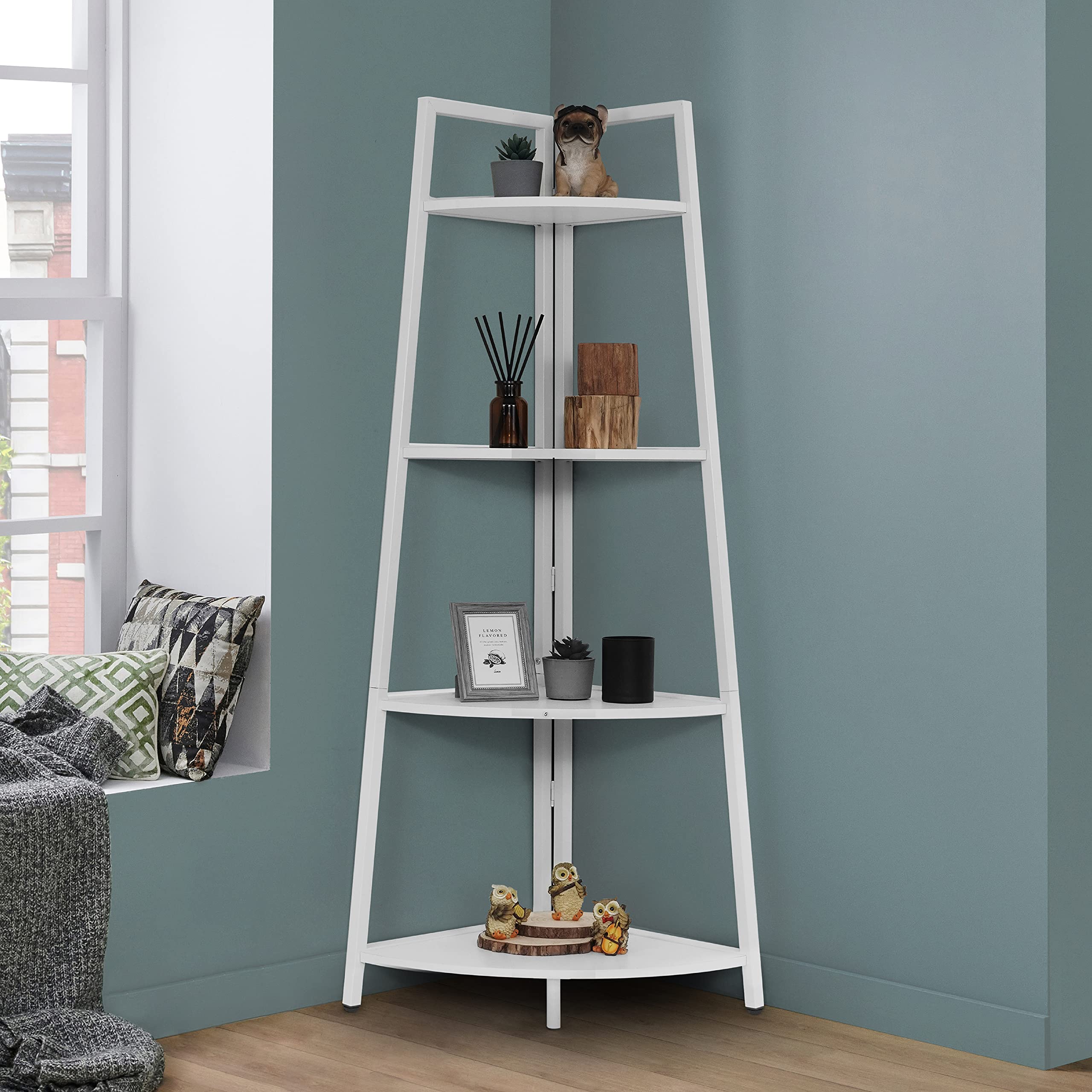 CAPHAUS Tall Corner Shelf Stand, 4-Tier Display Shelves, Ladder Corner Wood Storage Plant Bookshelf with Metal Frame, Versatile 