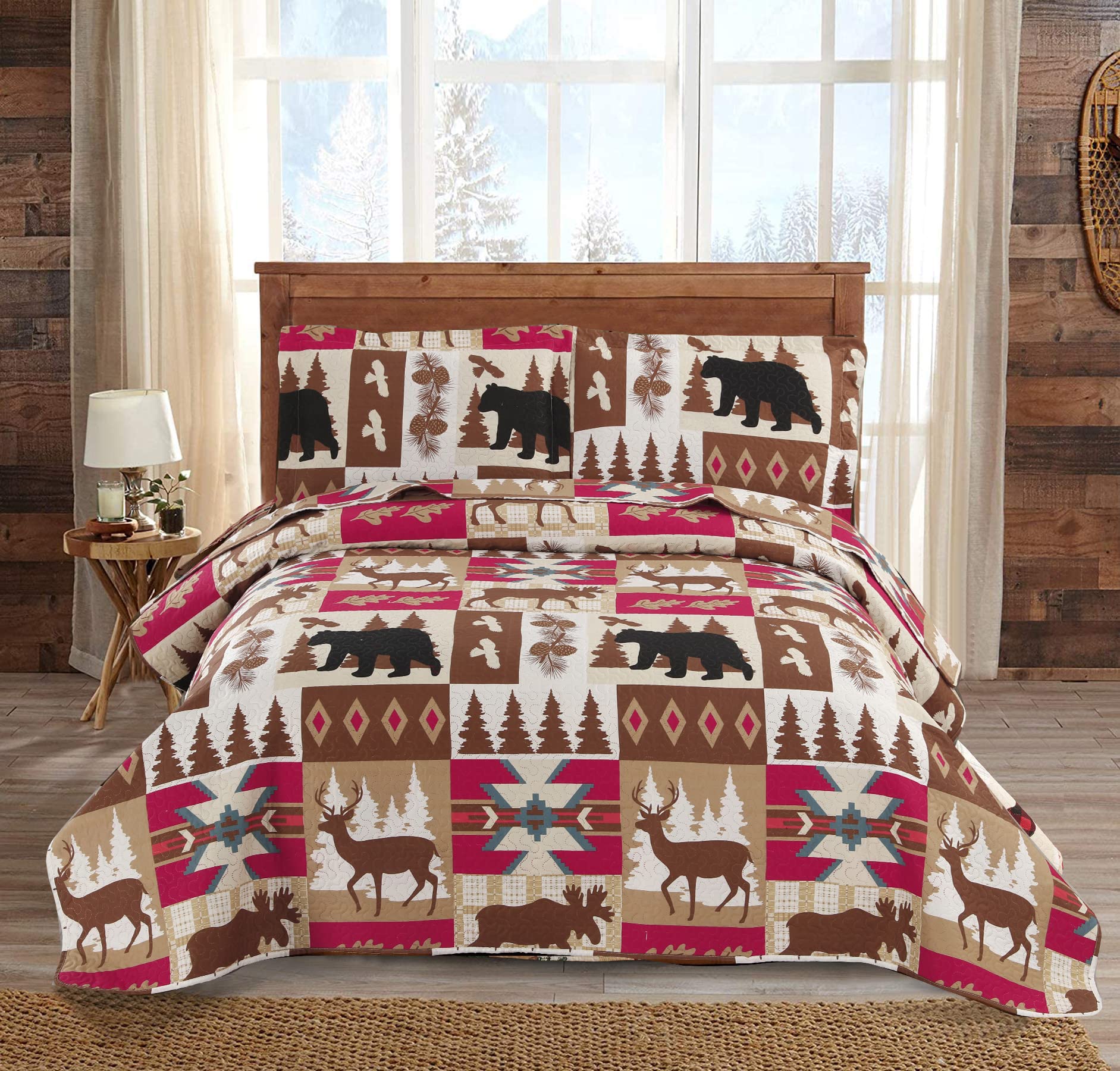 Rustic Quilt Set Full/Queen Size (90'X90') Lodge Cabin Bed Spread Lightweight Coverlet Reversible Bedding Set Deer Bear Bedspr
