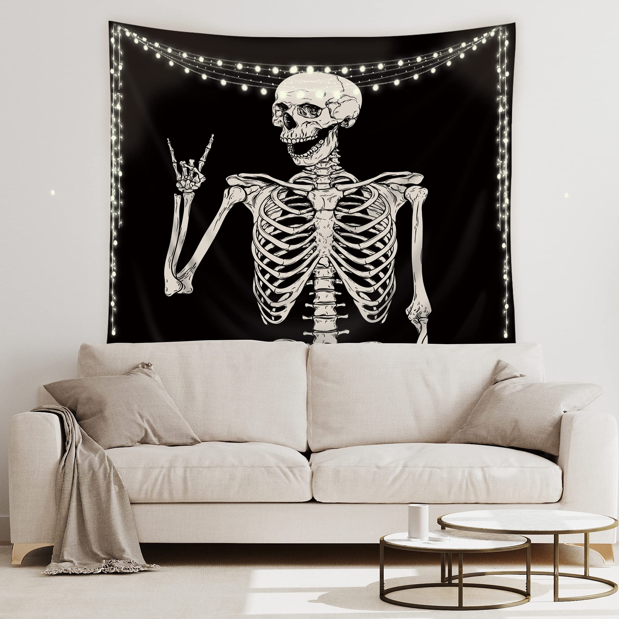 Riyidecor Skull Skeleton Tapestry Wall Hanging 51Hx59W Inch Funny Black And White Theme Home Decor For Men Women Gothic Hippie H