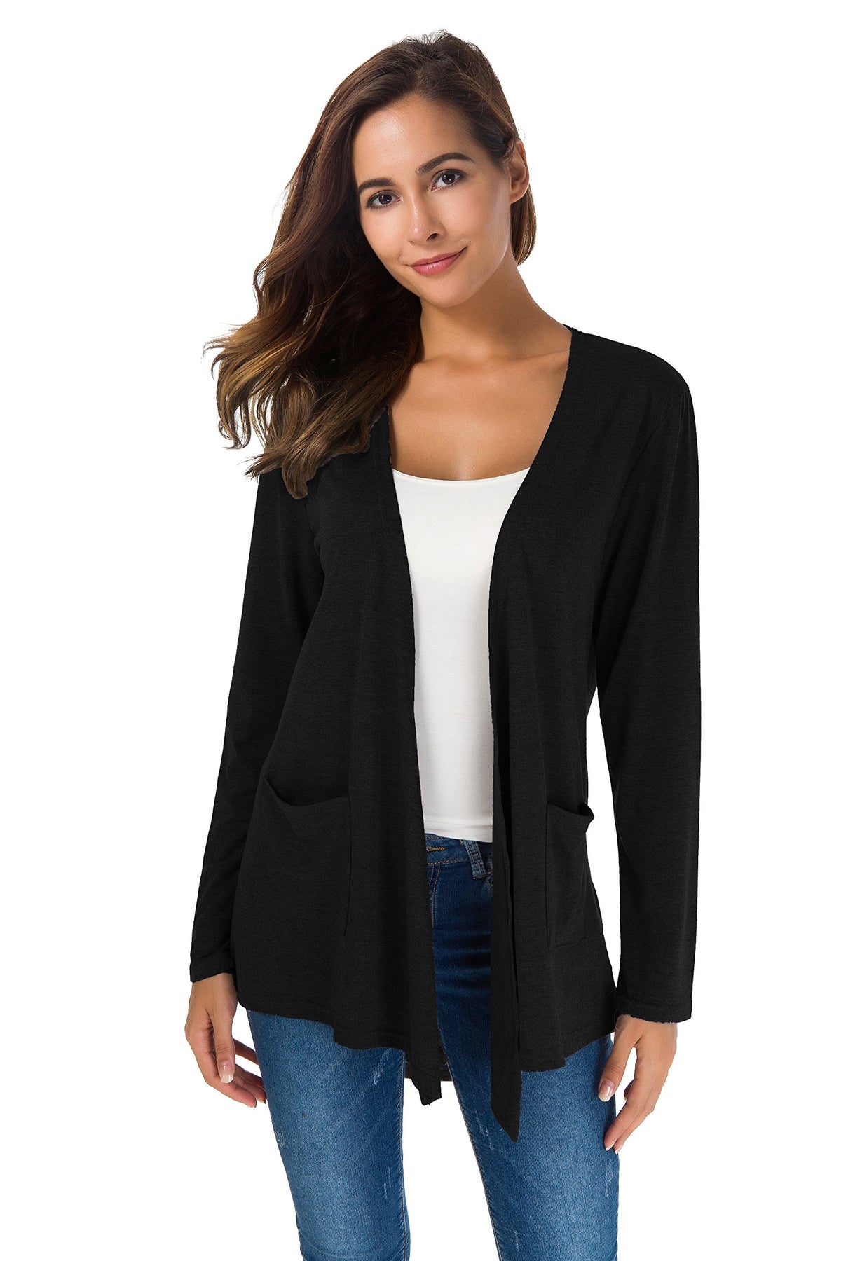 Towncat Cardigans For Women Loose Casual Long Sleeved Open Front Breathable Cardigans With Pocket (Black,S)