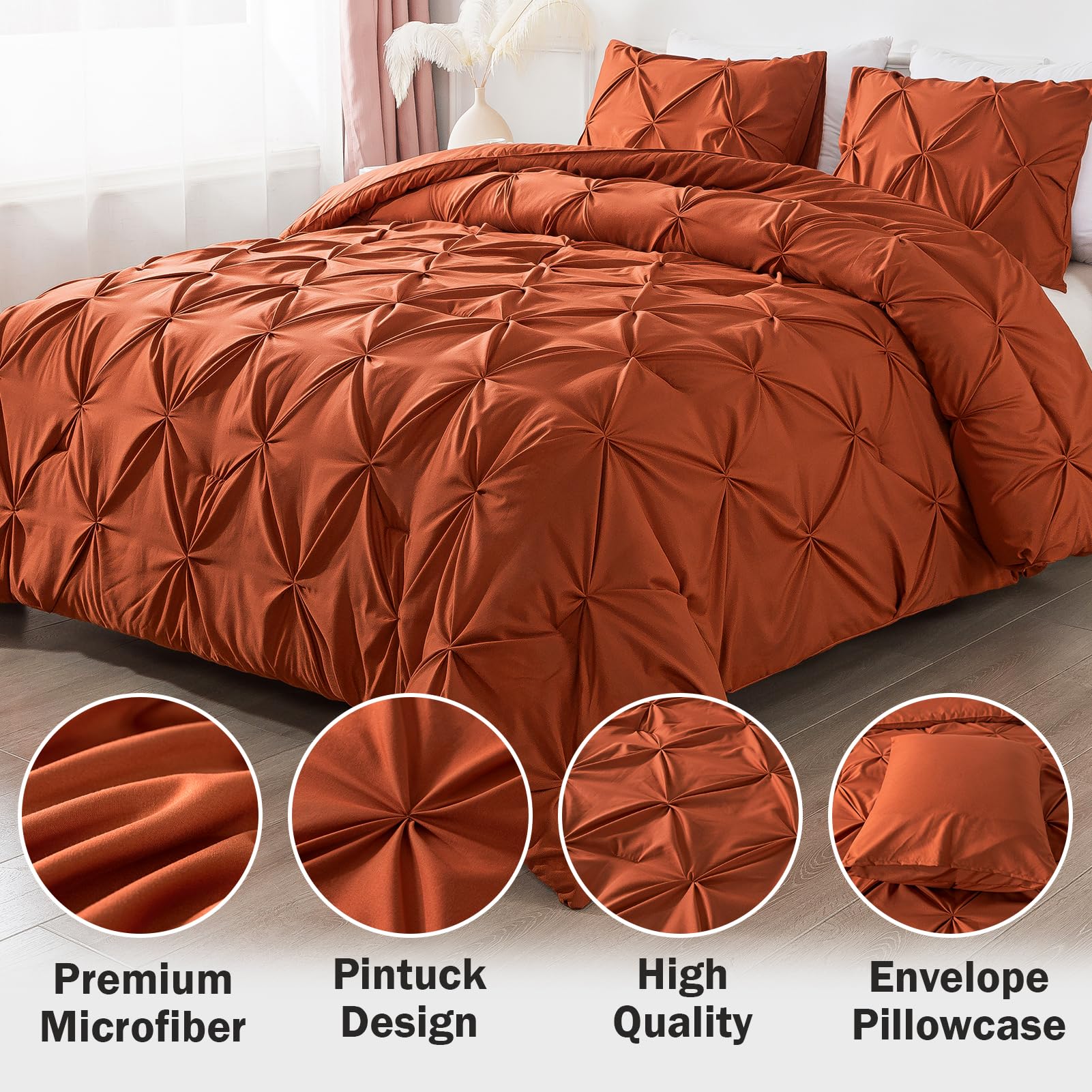 Andency Burnt Orange Terracotta King Size Comforter Set, 3 Pieces Pinch Pleat All Season Bedding Set, Soft Lightweight Microfiber Down Alternative Comforter Bed Set