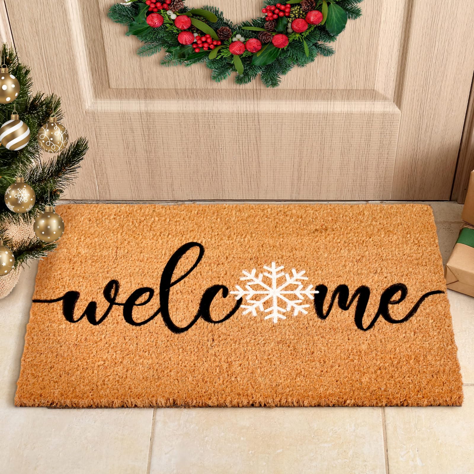Ceenna Winter Coir Door Mats Snowflake Welcome Doormat Xmas Winter Non Slip Floor Mats Winter Indoor Entrance Door Mat Winter Sn
